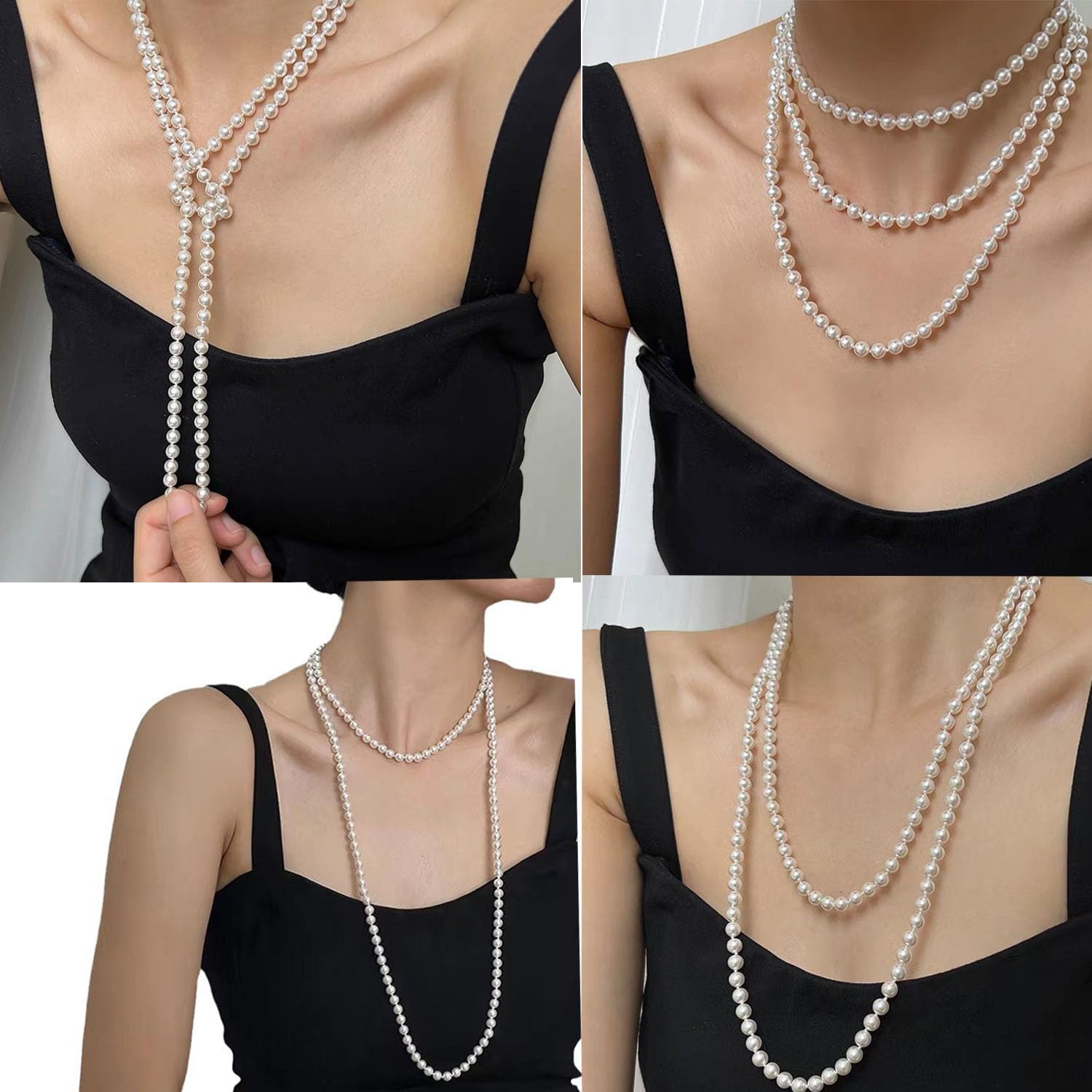 Long Pearl Necklace for Women Multi Strand Layered Pearl Necklaces White Faux Pearl Necklace for Women Bridal Wedding Party Costume Jewelry - Image 3