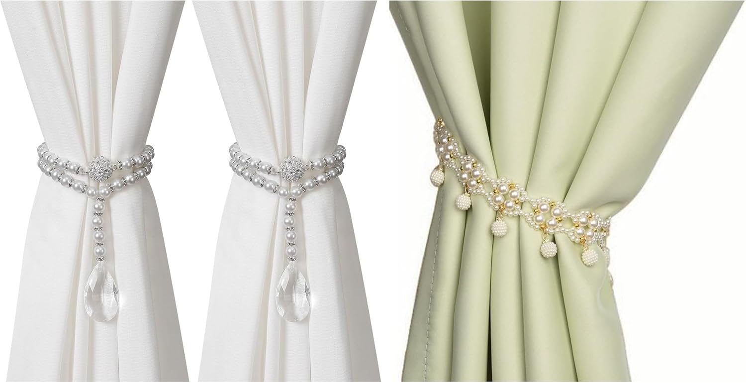 SUQ I OME 1 Pair of Luxury Pearl Beaded Magnetic Curtain Tieback and Holdback Curtain Clips Curtain Buckle Curtain Holder Blingbling Curtain Holdbacks for Drapes,Pearl