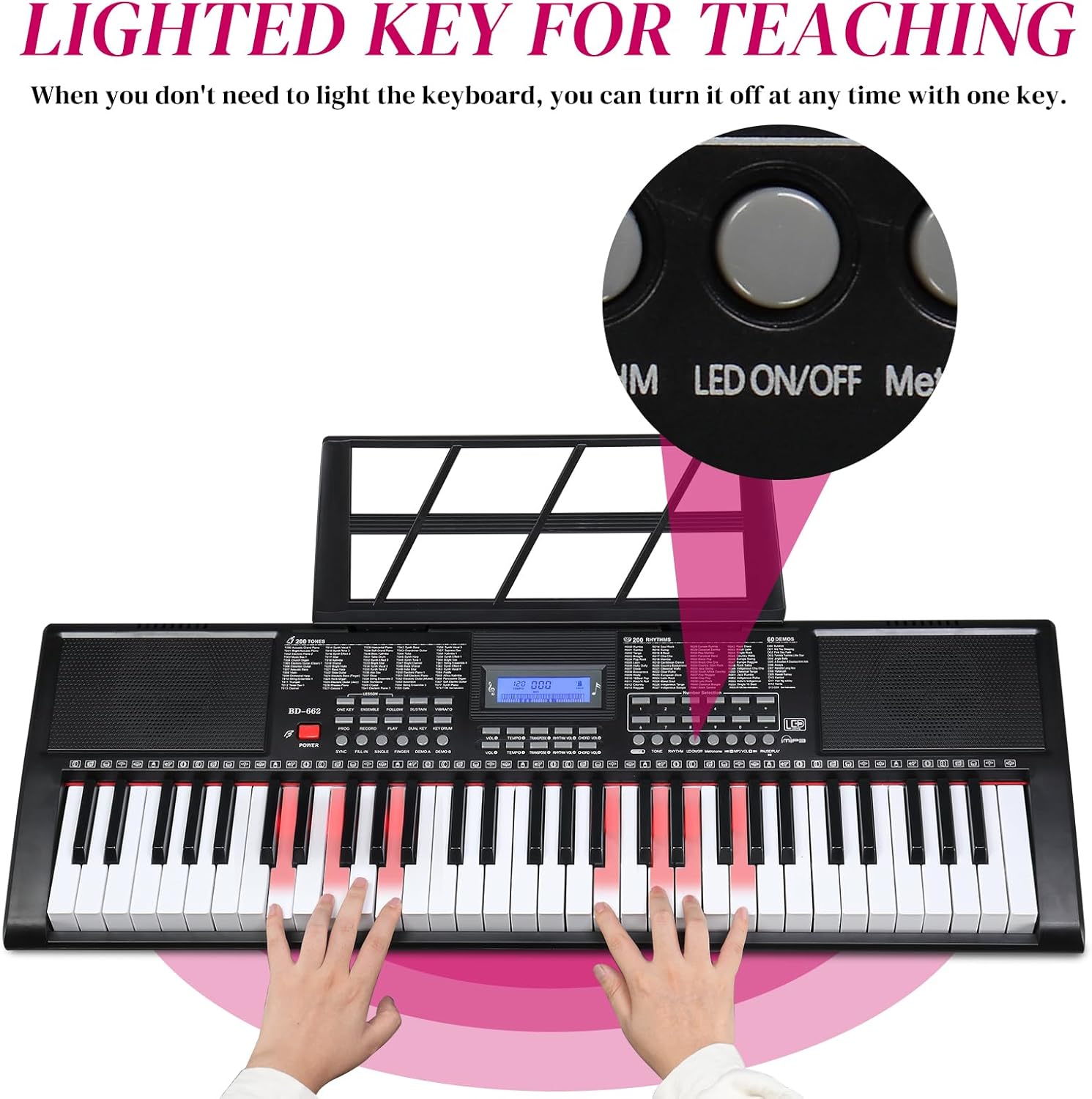 GLARRY 61-Key Portable Electronic Piano Keyboard for Beginner w/Lighted Keys, LCD Screen, Microphone, Headphones, 3 Teaching Modes, Built-In Speakers image 2 of 7 B08P19GL7N