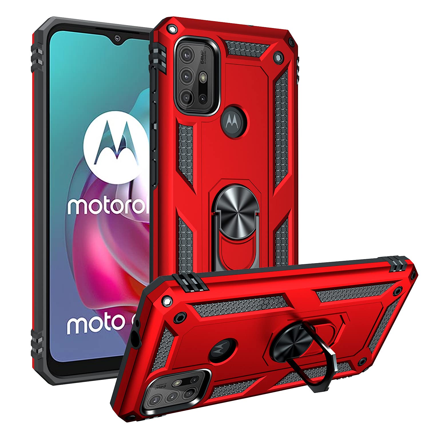 BestST Cover per Motorola Moto G30/Moto G20/Moto G10/Moto G10 Power + Vetro Temperato, Heavy Duty Custodia Antiurto Grado Militare 2 in 1 Hybrid Armor Hard Custodie Ring Supporto Case,Rosso