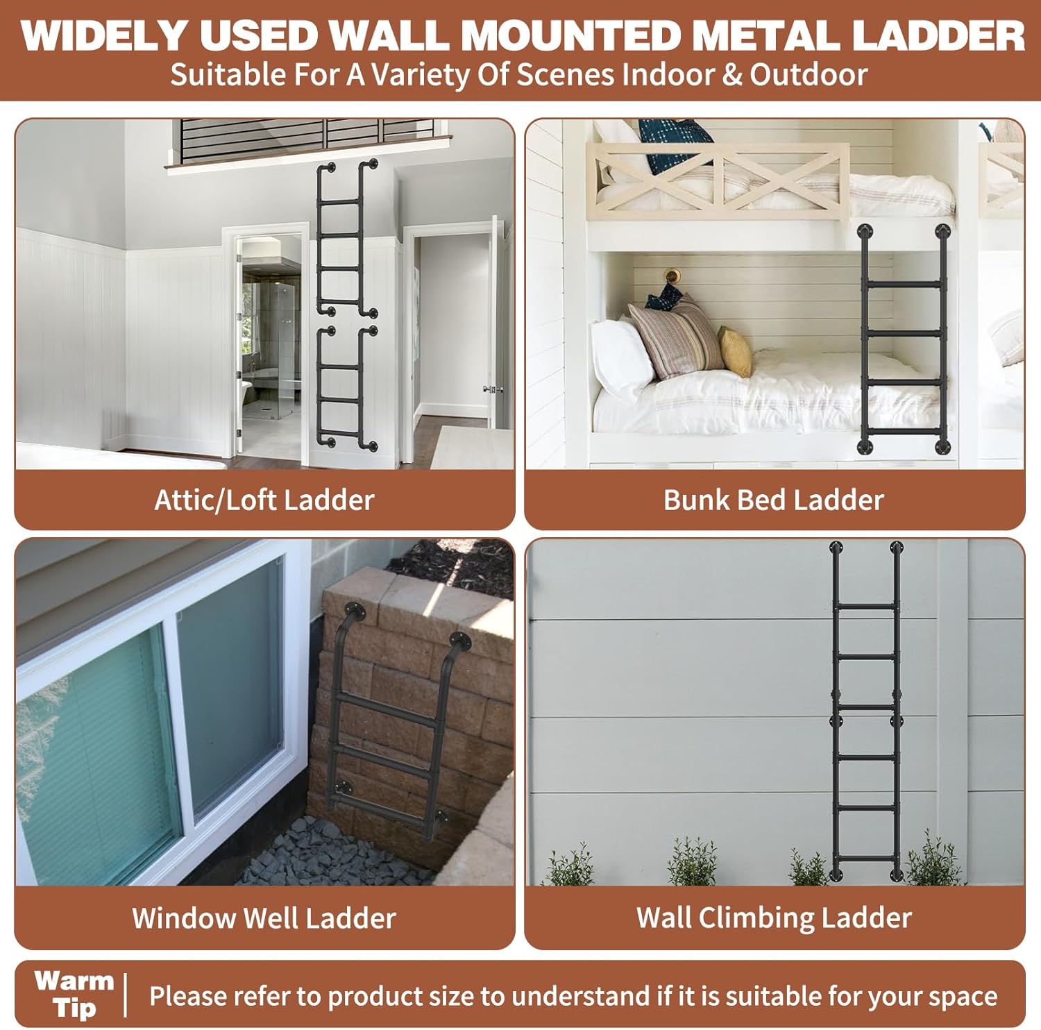 6-Rung Wall Mounted Metal Step Ladder, Basement Window Well Egress & Fire Emergency Escape Ladder, for High Entrance Attic Egress, Bunk Bed Climbing(355LBS Load Capacity, Matte Black)