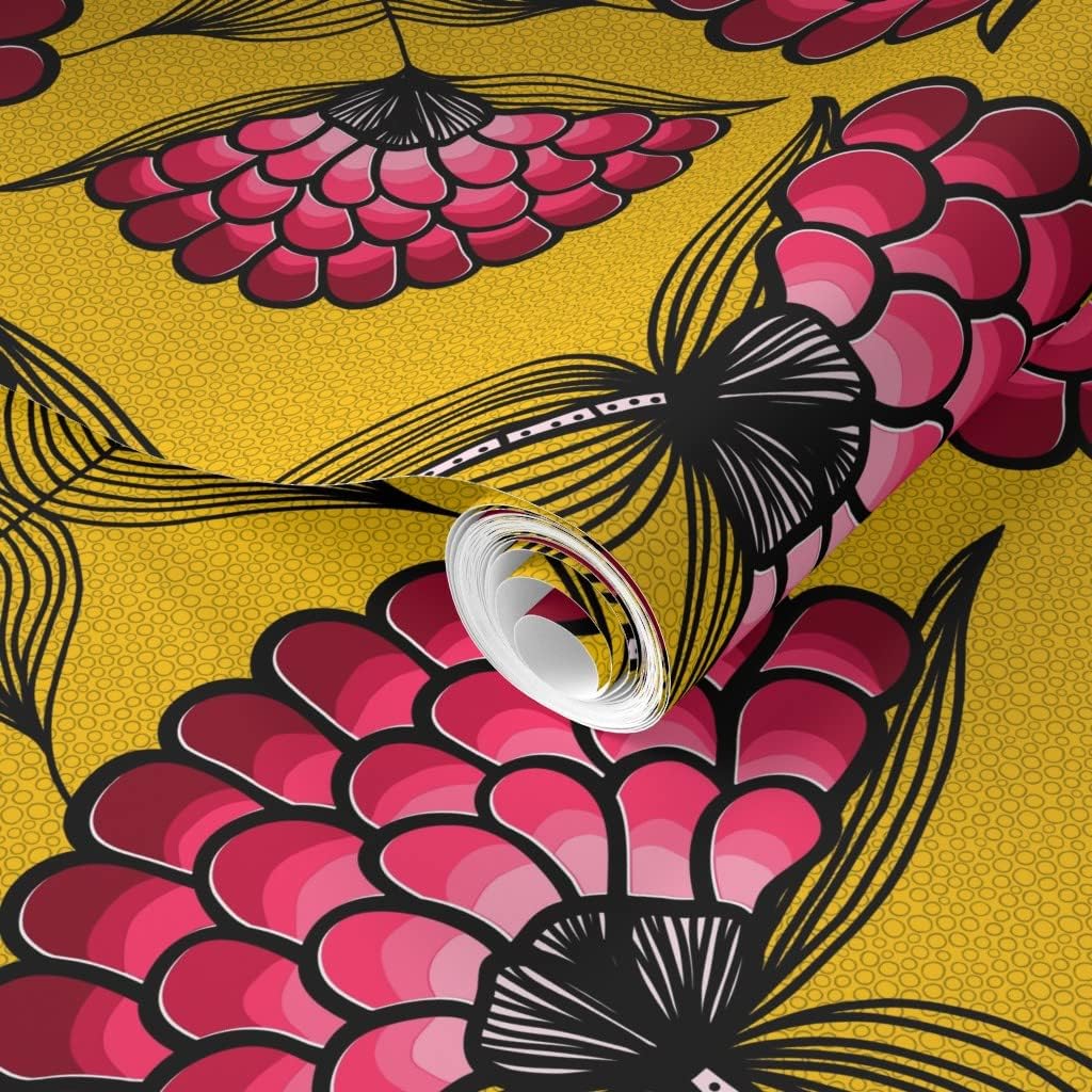 Removable Wallpaper 6ft x 2ft - African Art Cloth Pink Yellow Floral Pattern Bold Colorful Custom Pre-Pasted Wallpaper by Spoonflower