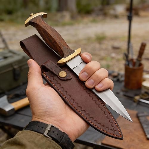 Miniatura 6 de SZCO Cuchillo de caza Full Tang de 15 pulgadas, cuchillo de daga del siglo XIV con mango de madera marrón, hoja y funda de acero inoxidable,