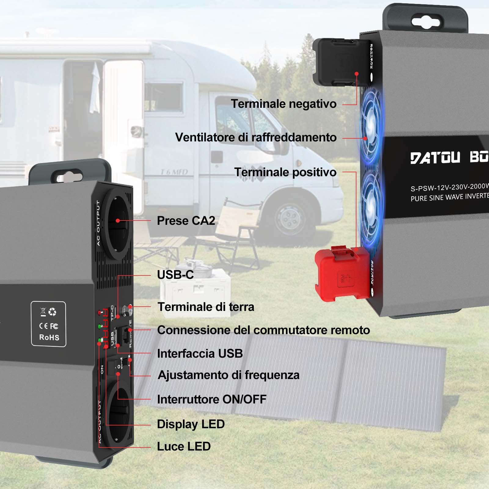 DATOUBOSS Inverter 12v 220v/230v Onda Pura 2000w, Inverter Onda Pura 2000w, Convertitore 12v 220v, Con Presa AC e Porta USB 3A Per Casa, Camper, Camion (SAK-12v2000w)