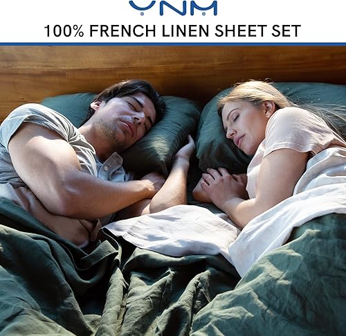 Miniatura 2 de YnM - Juego de sábanas agradable al tacto y ecológico de 100% lino francés, incluye sábana encimera y bajera y 2 fundas de almohada, tamaño Queen,