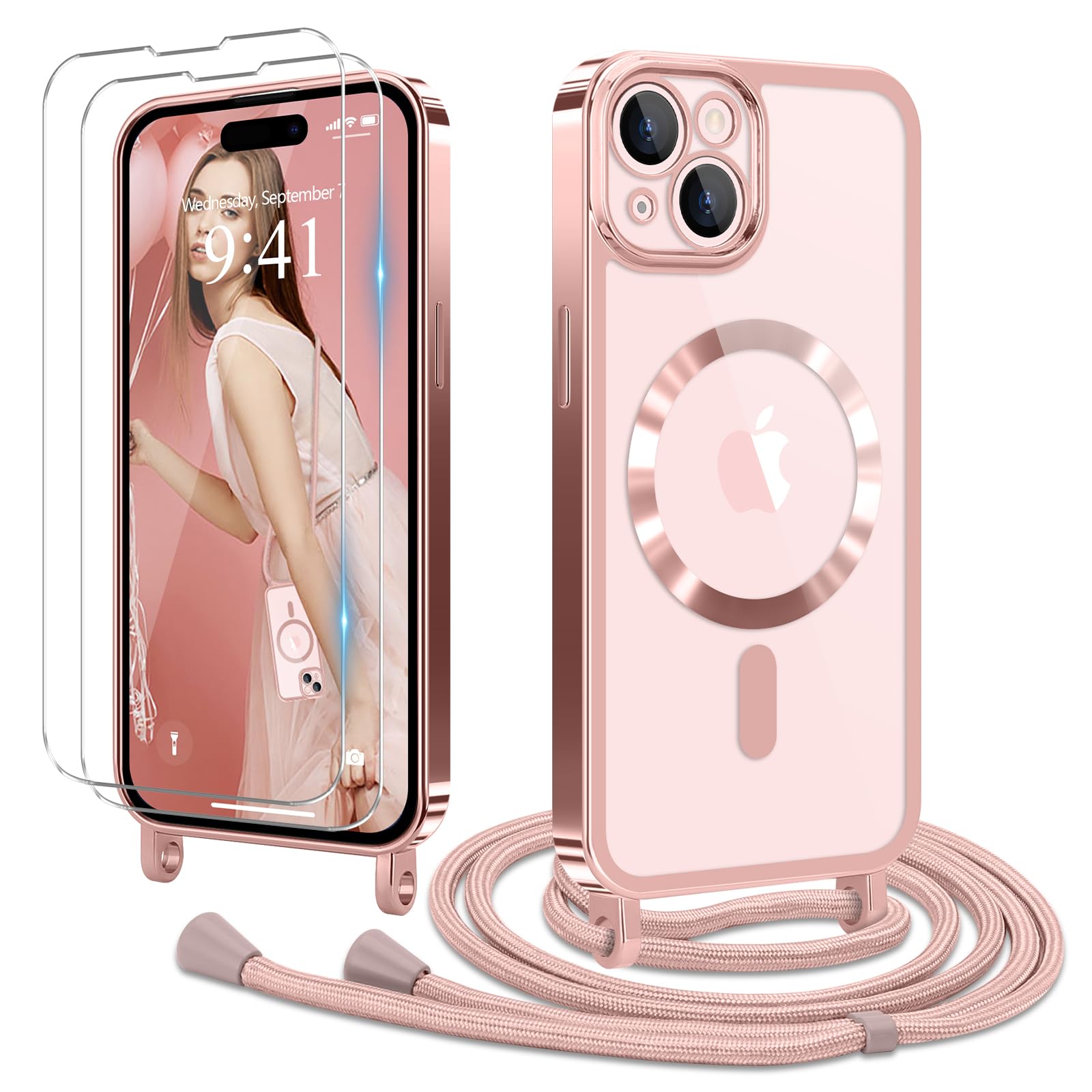 Ethanger Handyband für iPhone 15 Hülle mit Band + 2 Stück Glas Schutzfolie Transparent Silikon Handyhülle Magnetische Schutzhülle zum Umhängen Kordel für iPhone 15 Pink