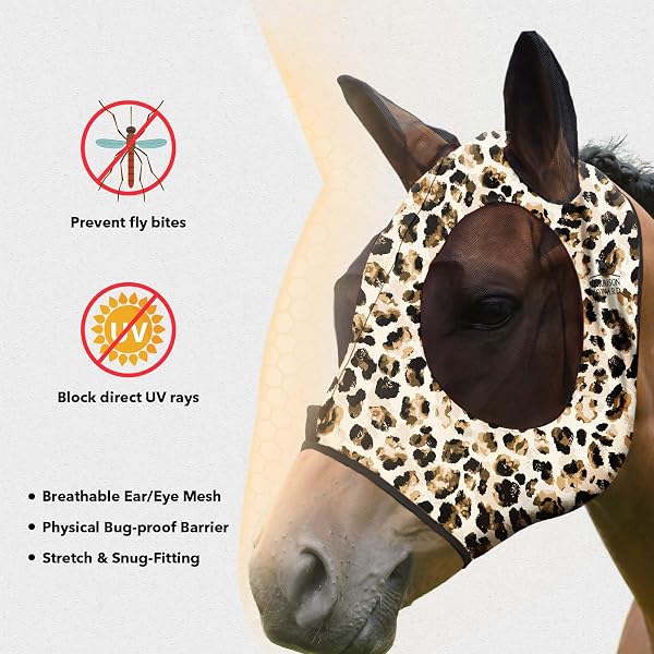 Harrison Howard Máscara elástica para Caballo, excelente Comodidad con protección UV, máscara estándar para Caballo, Estampado de Leopardo - 2
