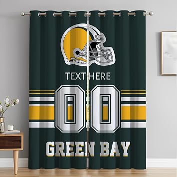 Custom Green Bay Curtains, Personalized Blackout Curtains 2 Panels for Bedroom, Customized Name and Number Window Drapes for Living Room Decor