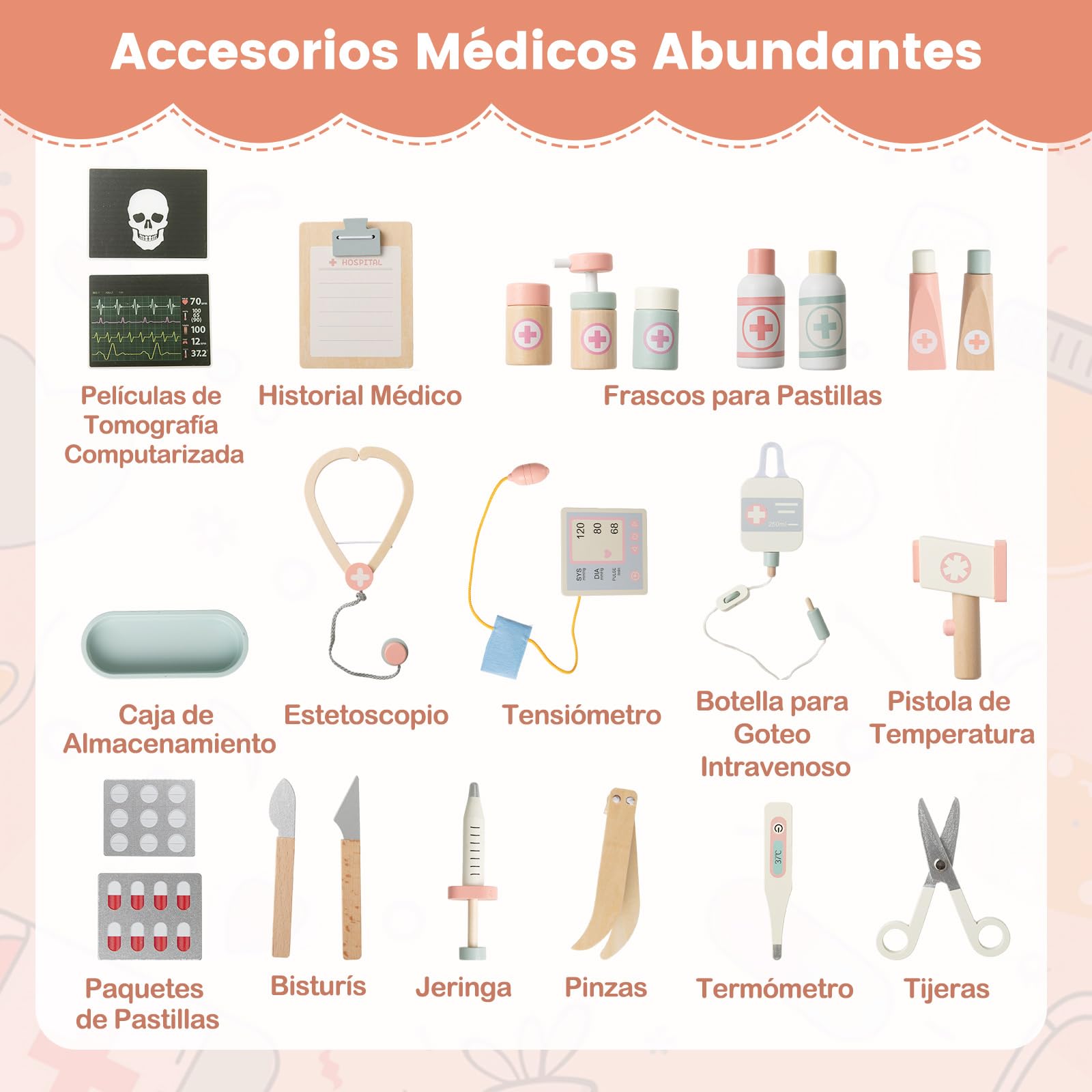 COSTWAY Juego de Médicos de Madera para Niños, Kit de Doctor de Juguete de Carrito con Máquina CT, Estetoscopio, Puesto Médico Centro de Actividades Móvil con Accesorios, para Niños de 3+ Años