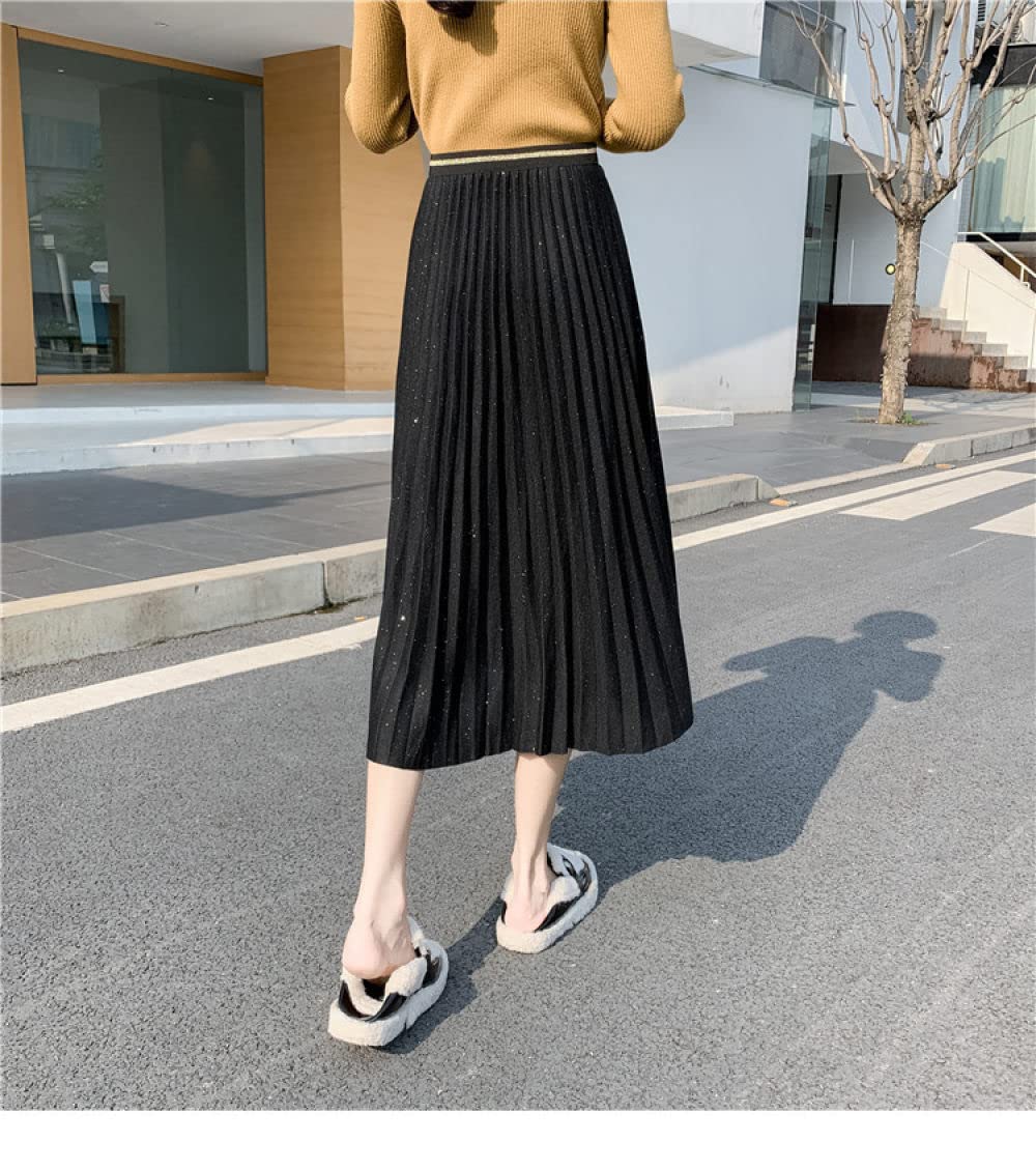 Faldas para Mujer Reino Unido,Falda De Invierno Negra Faldas Plisadas Elegantes para Mujer Cintura Elástica Midi Shinny Falda De Talle Alto De Una Línea Falda C(S)