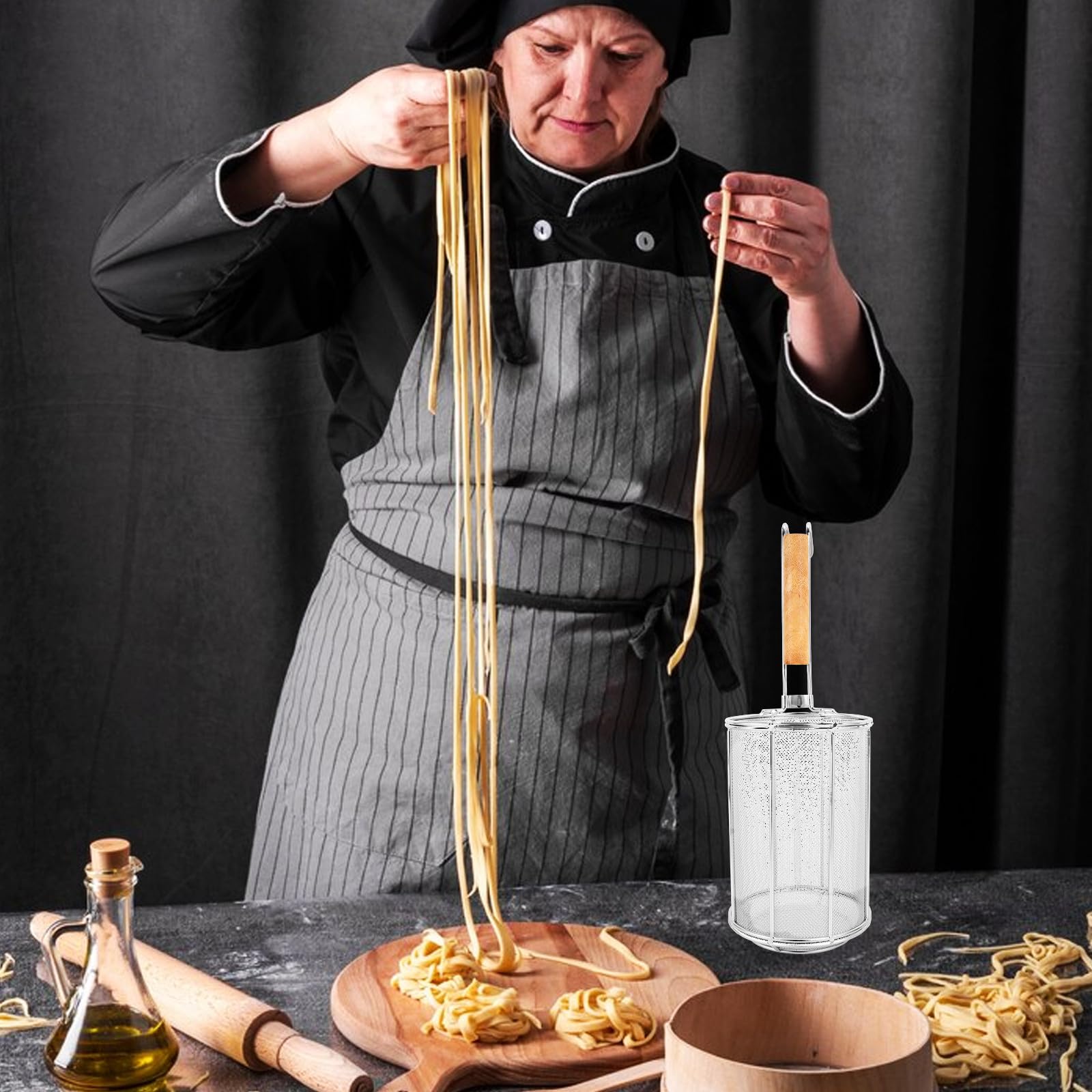 Genérico Colador y Freír Fideos de Acero Inoxidable con Mango de Madera de Pasta Resistente a Roturas, Cuchara Coladora Cómoda para Cocina en Olla Caliente