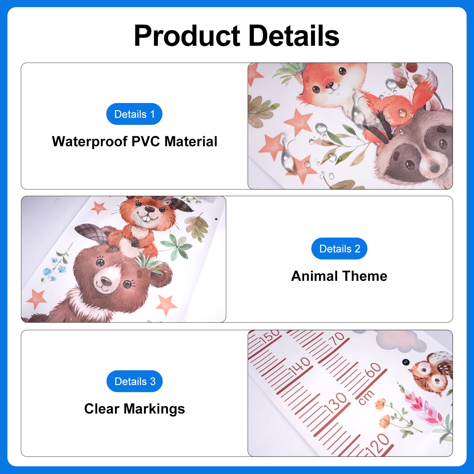 Sticker mural pour enfants - Motif animaux - Taille 60 à 160 cm - Toise adhésive - Étanche - Animaux de la forêt - Tableau mural - Toise - Toises de mesure pour chambre de bébé et enfant