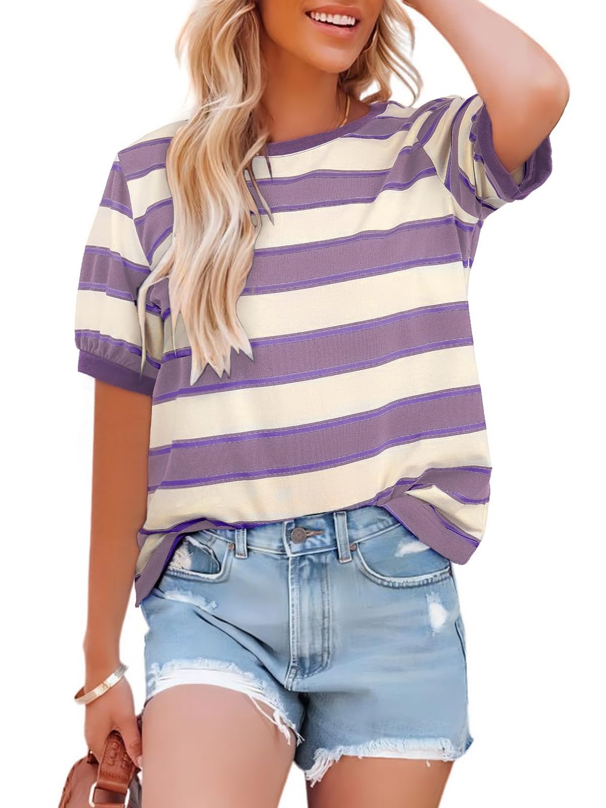 Cuptacc Tshirt Damen Rundhals Locker Oberteile Bunt Gestreiftes Tunika Damen Sommer Casual Baumwolle T Shirt Kontrast Kurzarm Oberteile