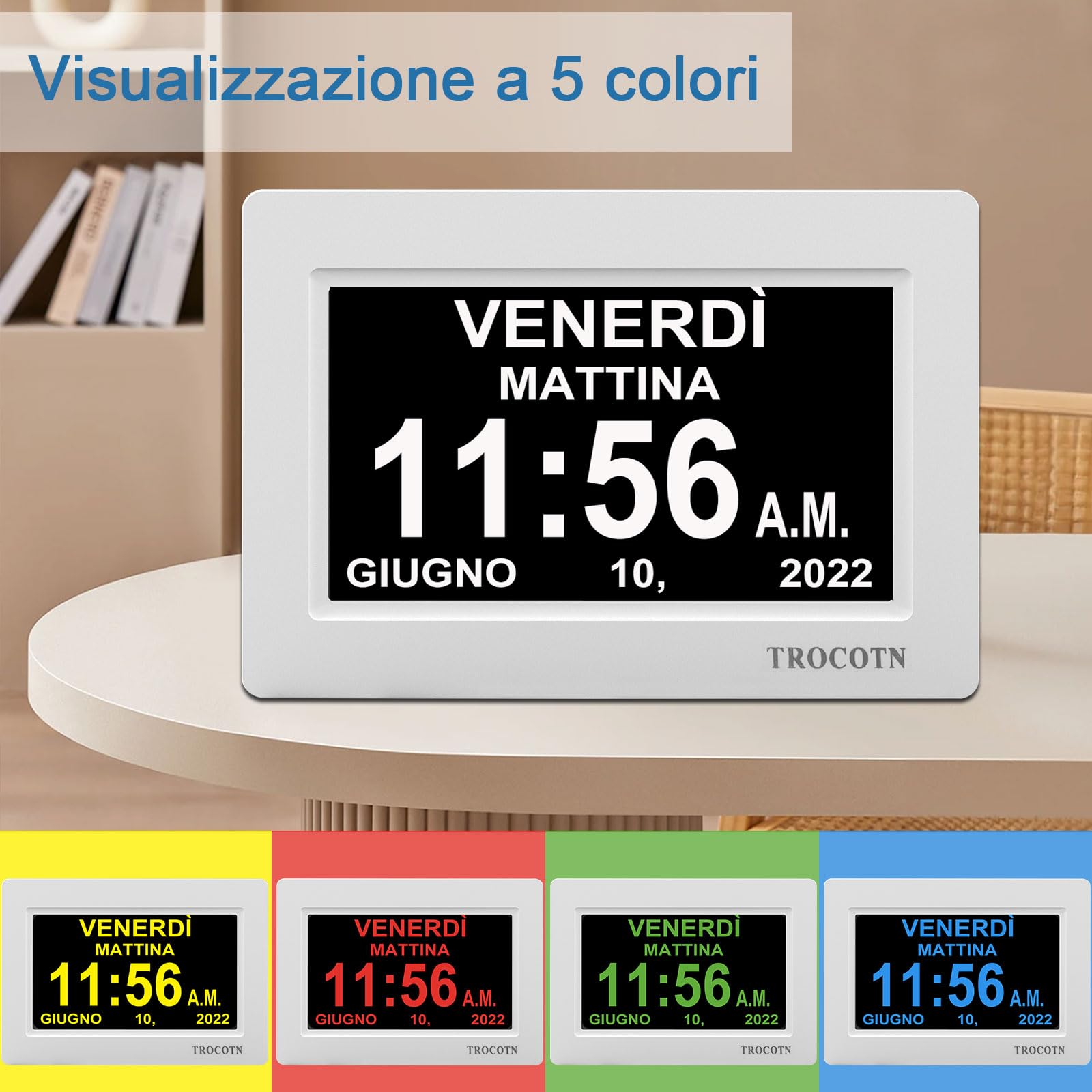 TROCOTN Orologio digitale da 7 Pollici Calendario Orologio da parete con ampio display Sveglia (Bianco)