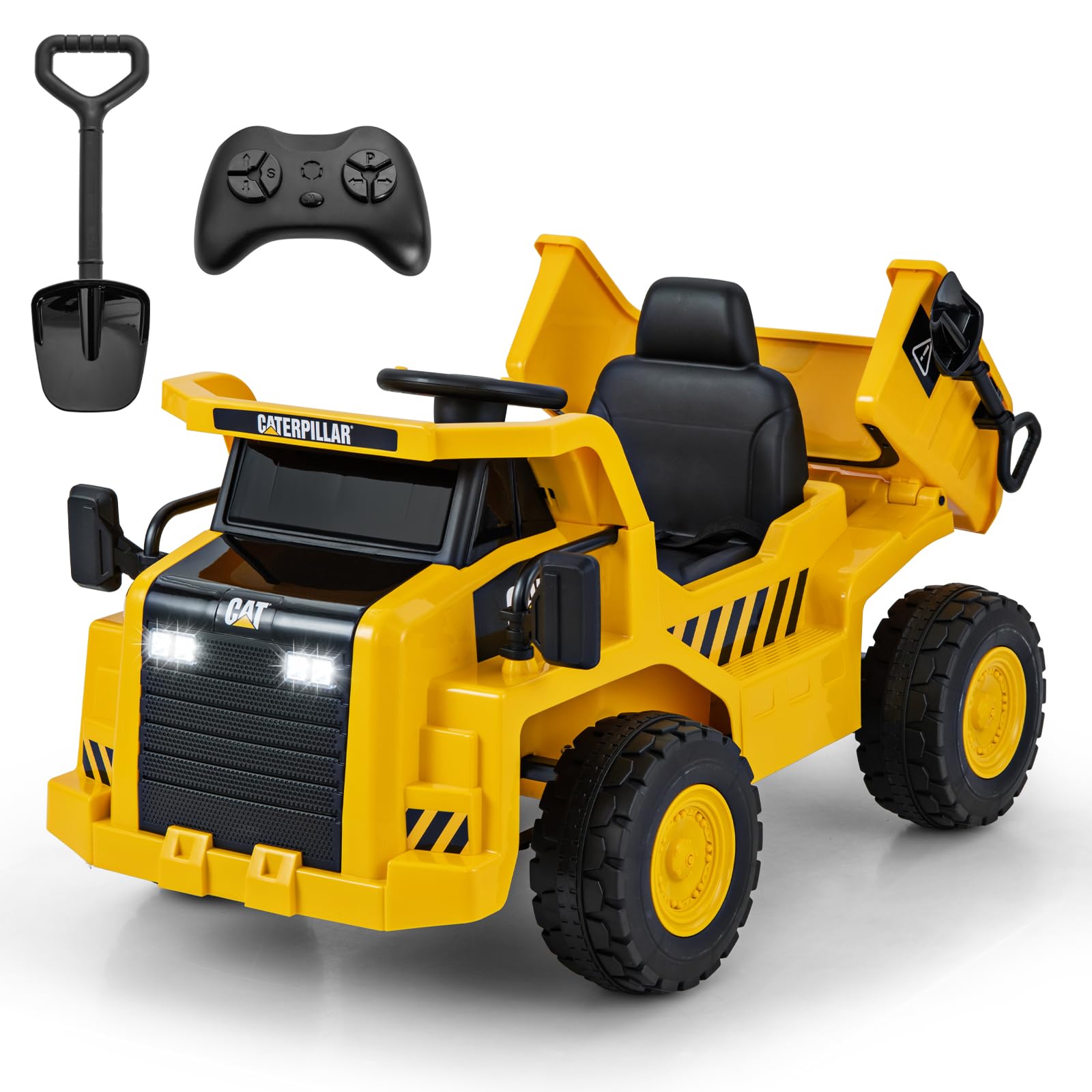 COSTWAY Caterpillar Elektroauto für Kinder, 12V Muldenkipper zum Draufsitzen mit Sandschaufel & Kippbett & Megafon, Elektro Kinderauto mit Fernbedienung, Aufsitz Kipper für Kinder ab 3 Jahren