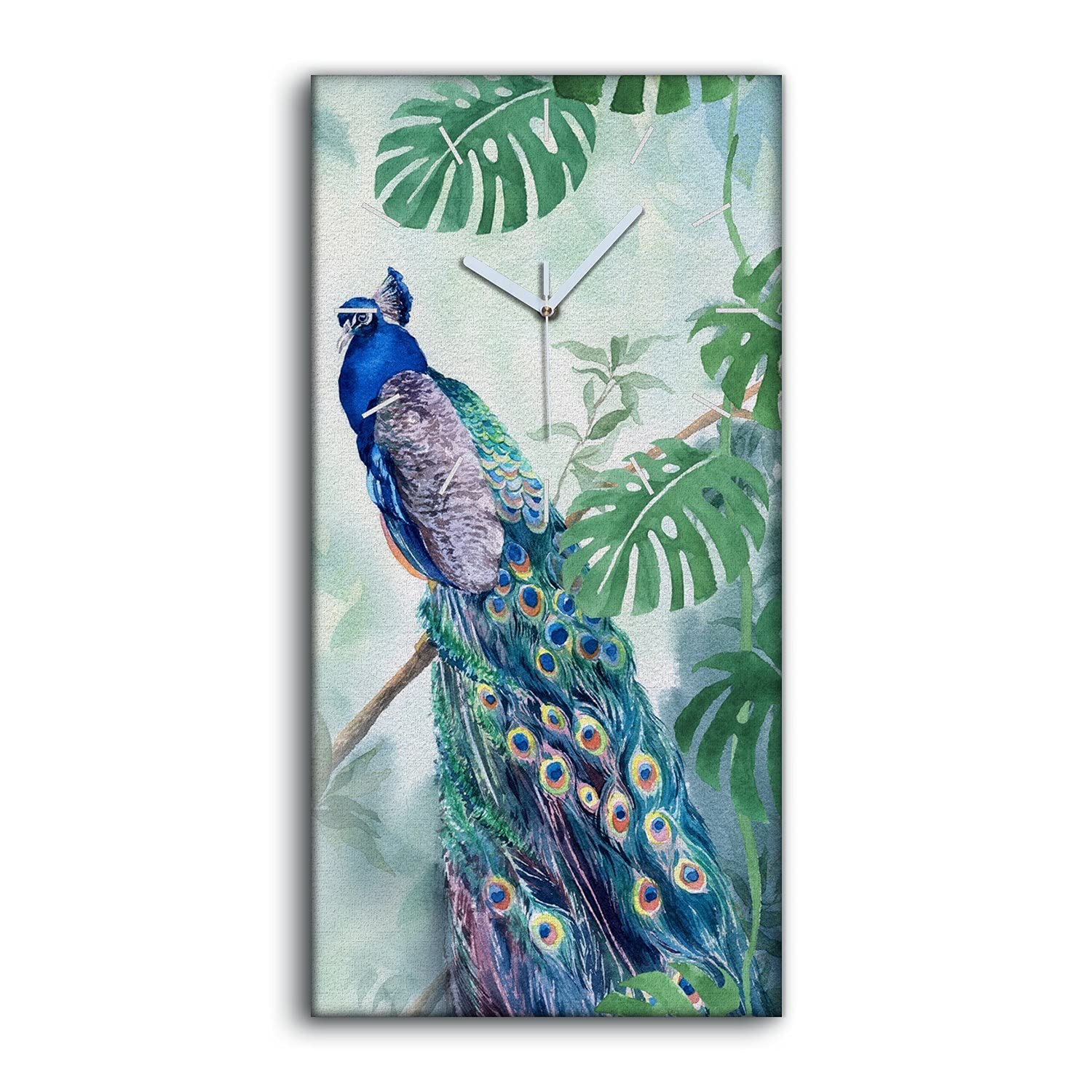 Horloge sur toile 30x60cm silencieuse moderne avec motif monstera et paon