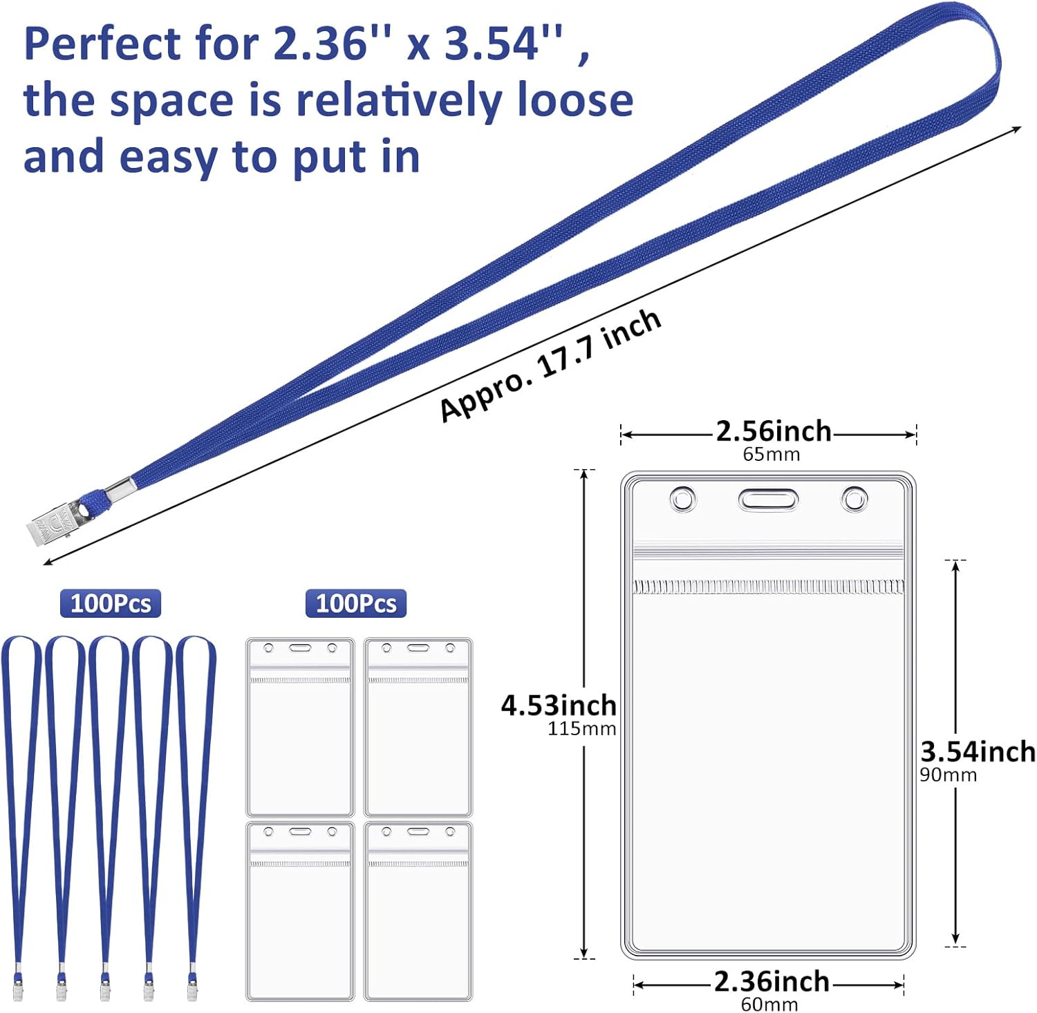 Marspark 200 Pcs Name Tag Lanyards with ID Holder Lanyards for ID Badges Resealable Flat Neck Name Tag with Clip Waterproof Plastic Clear Badges Bulk for School Office Supplies (Blue)