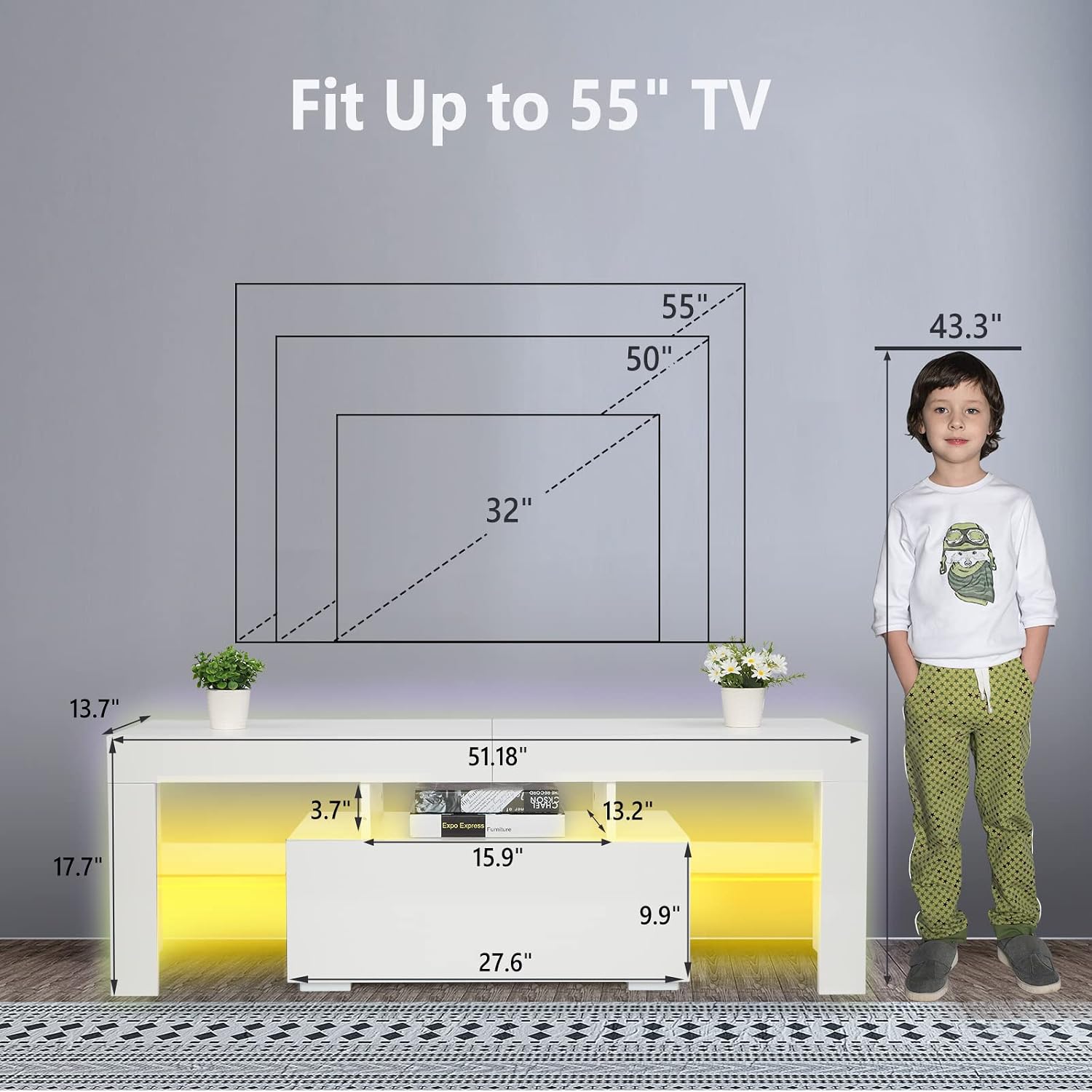 VINGLI TV Stand with LED Light Modern 51 Inch White TV Cabinet for Living Room Bedroom Furniture TV Stand with Storage, Drawer and Shelves