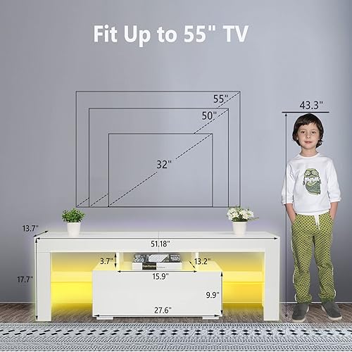 Miniatura 5 de VINGLI Soporte de TV con luz LED, moderno mueble de TV blanco de 51 pulgadas para sala de estar, dormitorio, mueble de TV con almacenamiento, cajón