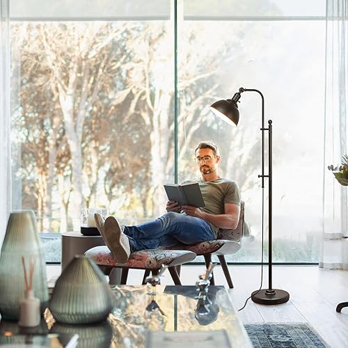 Miniatura 9 de Lámpara de pie industrial, lámparas de pie rústicas de 3 temperaturas de color en bronce envejecido, altura ajustable y cabeza de pie, lámpara de