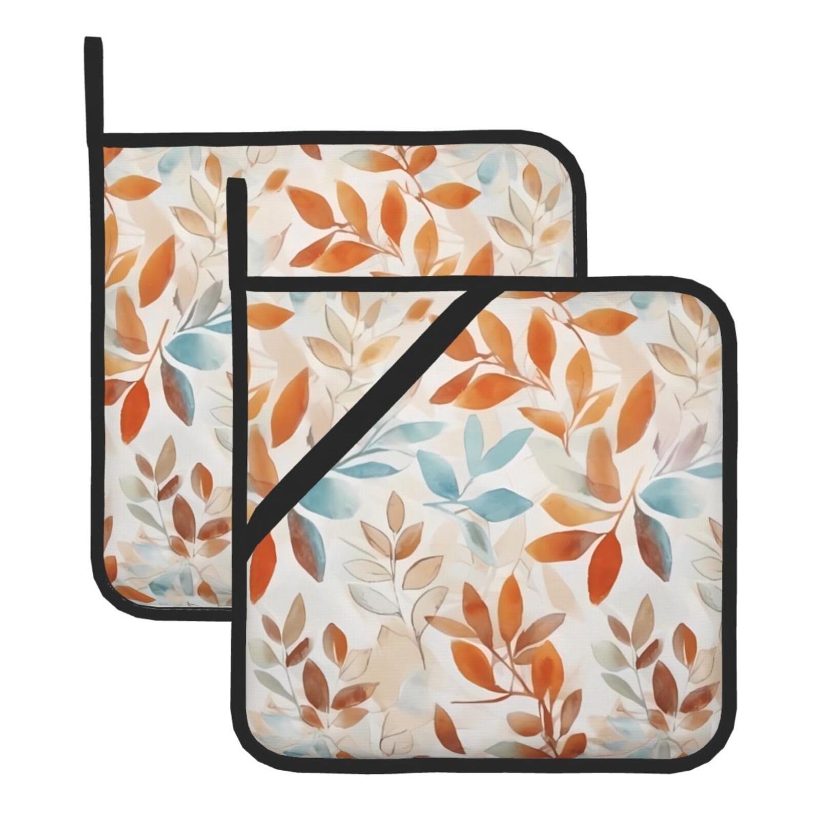 Maniques feuille orange et bleu lot de 2 avec boucle suspension design aquarelle