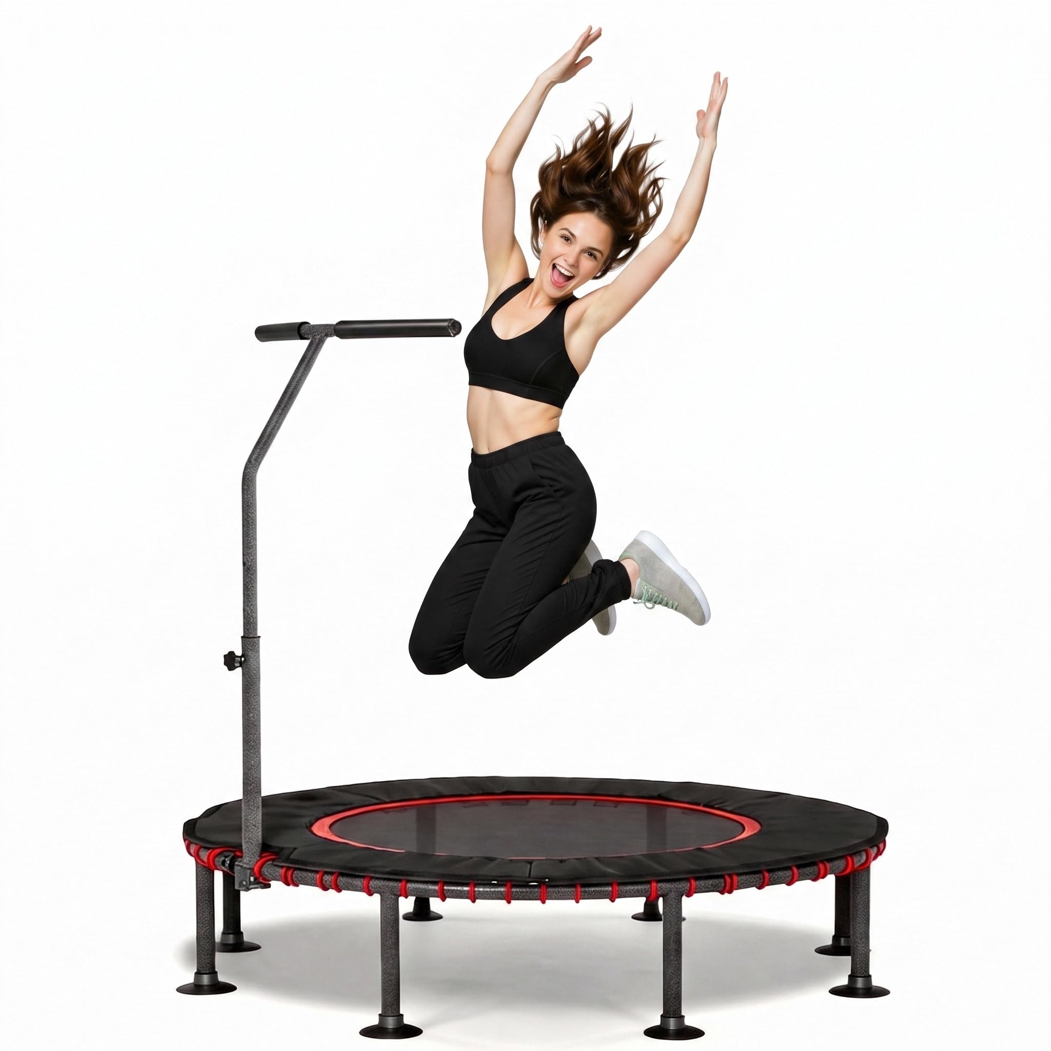 LIFERUN Trampolino elastico per interni, per adulti, diametro di 122/128cm, per allenamento, portata 150 kg, sospensione in corda in gomma stabile e silenziosa, manico regolabile in altezza a 3,Rosso