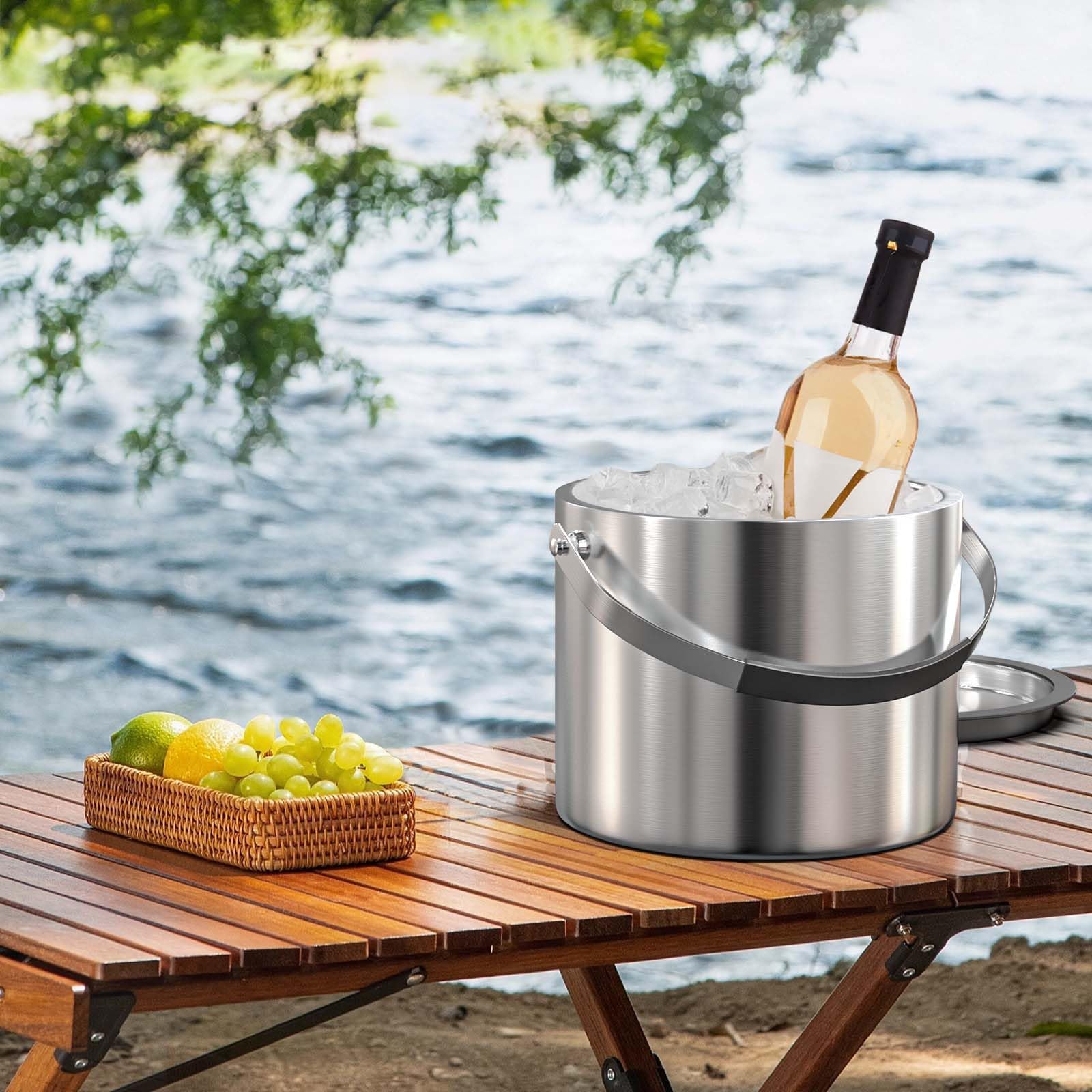 3,2L Edelstahl Eisbehälter mit luftdichtem Deckel, Sieb und Eiszange, Eiswürfelbehälter doppelwandiger, Isolierter Eiseimer Bier Champagner Kühler Eiskübel Wein