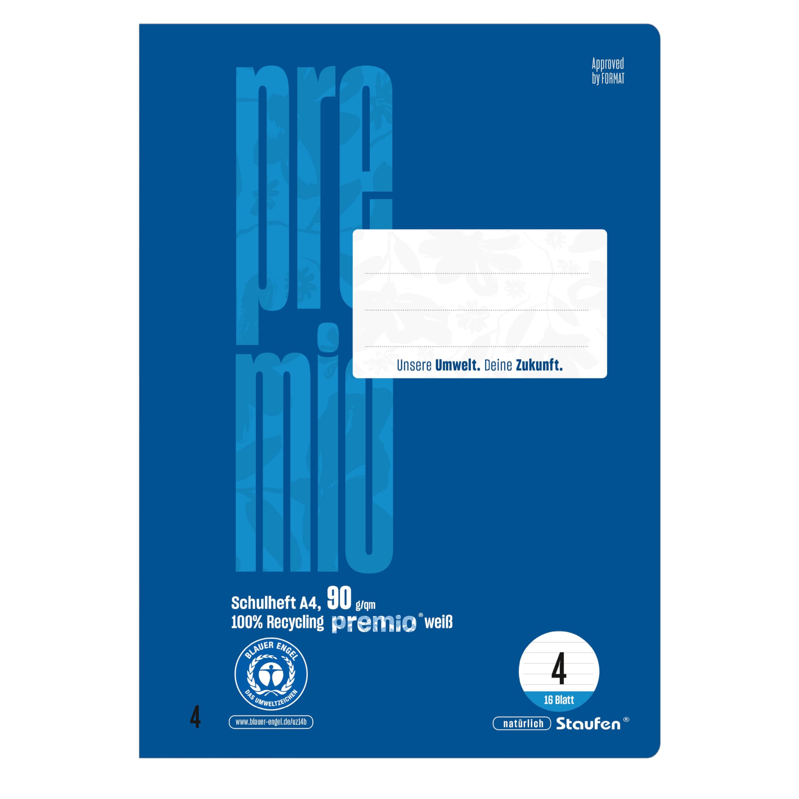 Staufen premio Schulheft - 4 Hefte je 16 Blatt, DIN A4, Lineatur 4 (9mm liniert), 90 g/m² Recyclingpapier, runde Ecken verhindern „Eselsohren“