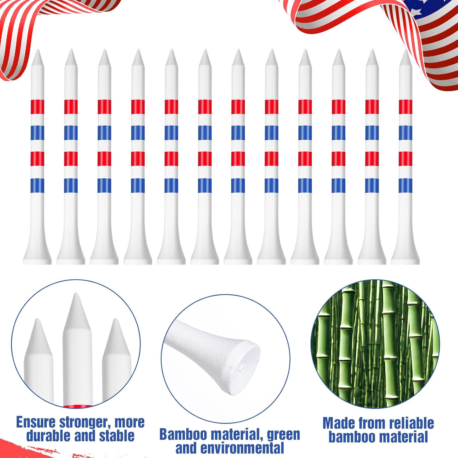 Mudder 600 Pcs 3-1/4" Golf Tees USA Stars and Stripes American Flag Golf Tees Bulk Bamboo Patriotic Golf Tees Long Red White and Blue Golfing Tees for Men Women