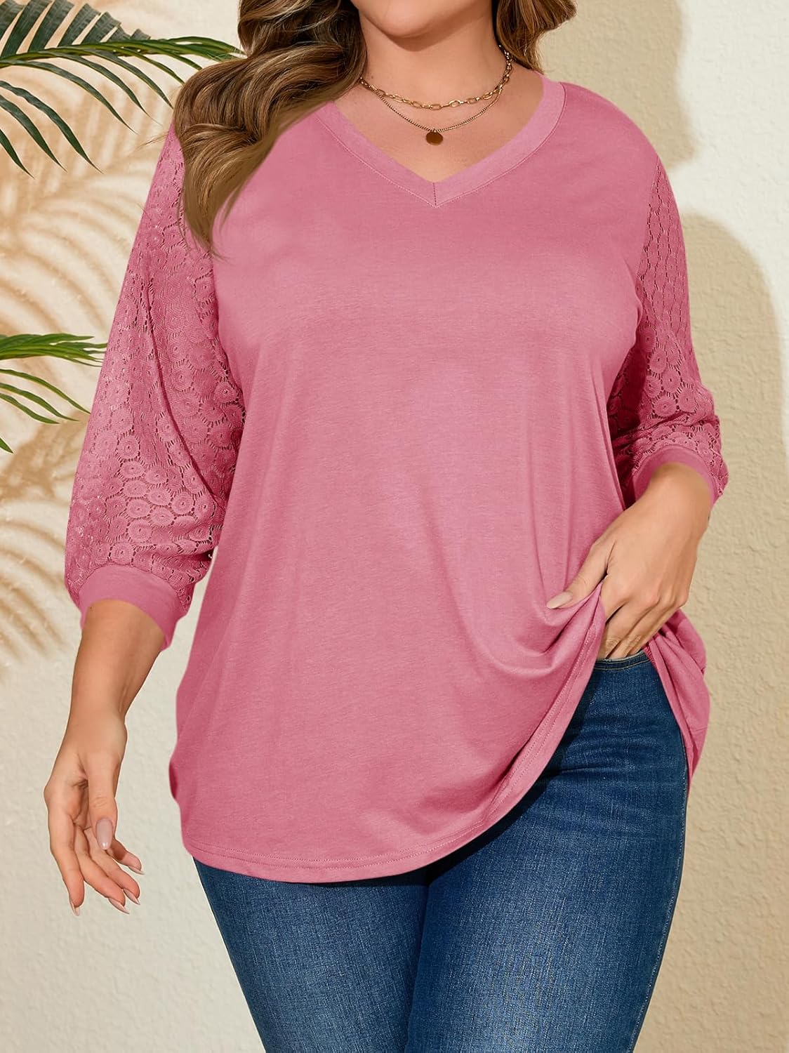 Beautife Womens Plus Size Tops Lace 3/4 Sleeve V Neck Tunic Shirts Casual Loose Fit Curvy Blouse - Image 5