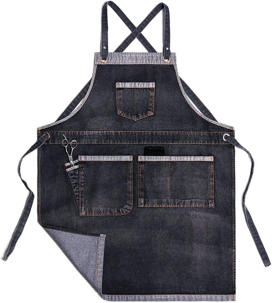 Chef Aprons for Men Women with ，Aprons With Pockets Denim Apron Men and Women Workwear Barista Clothing Milk Tea Shop Waist Florist Apron(Black)