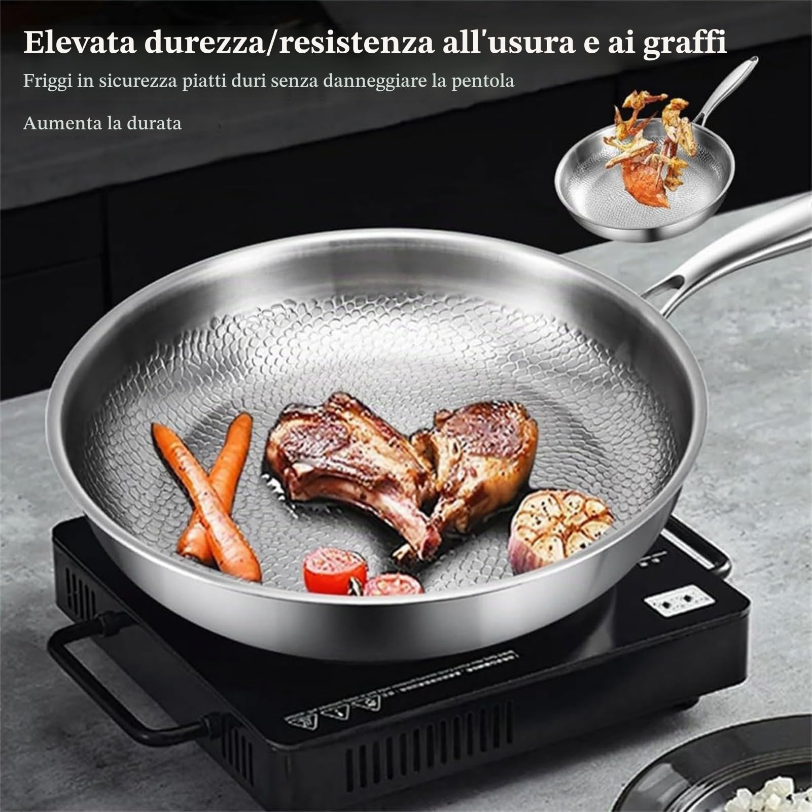 Siraats Titanium Pan Pro, padella martellata in titanio, multifunzione, ultra resistente, antigraffio, antiaderente, per fornelli a gas ed elettrici a induzione (con coperchio, 28 cm)