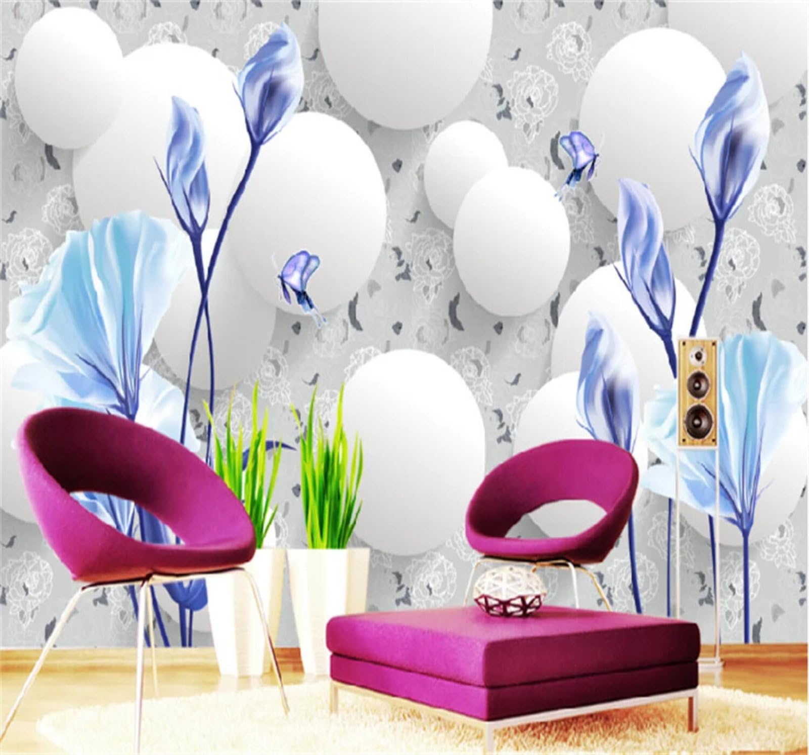 Beautiful Blue Flowers Butterflies and Circles 3D Wallpaper Easy Install Feature Office Living Room Sofa Bedroom TV Background Wall Decoration-350cm×256cm