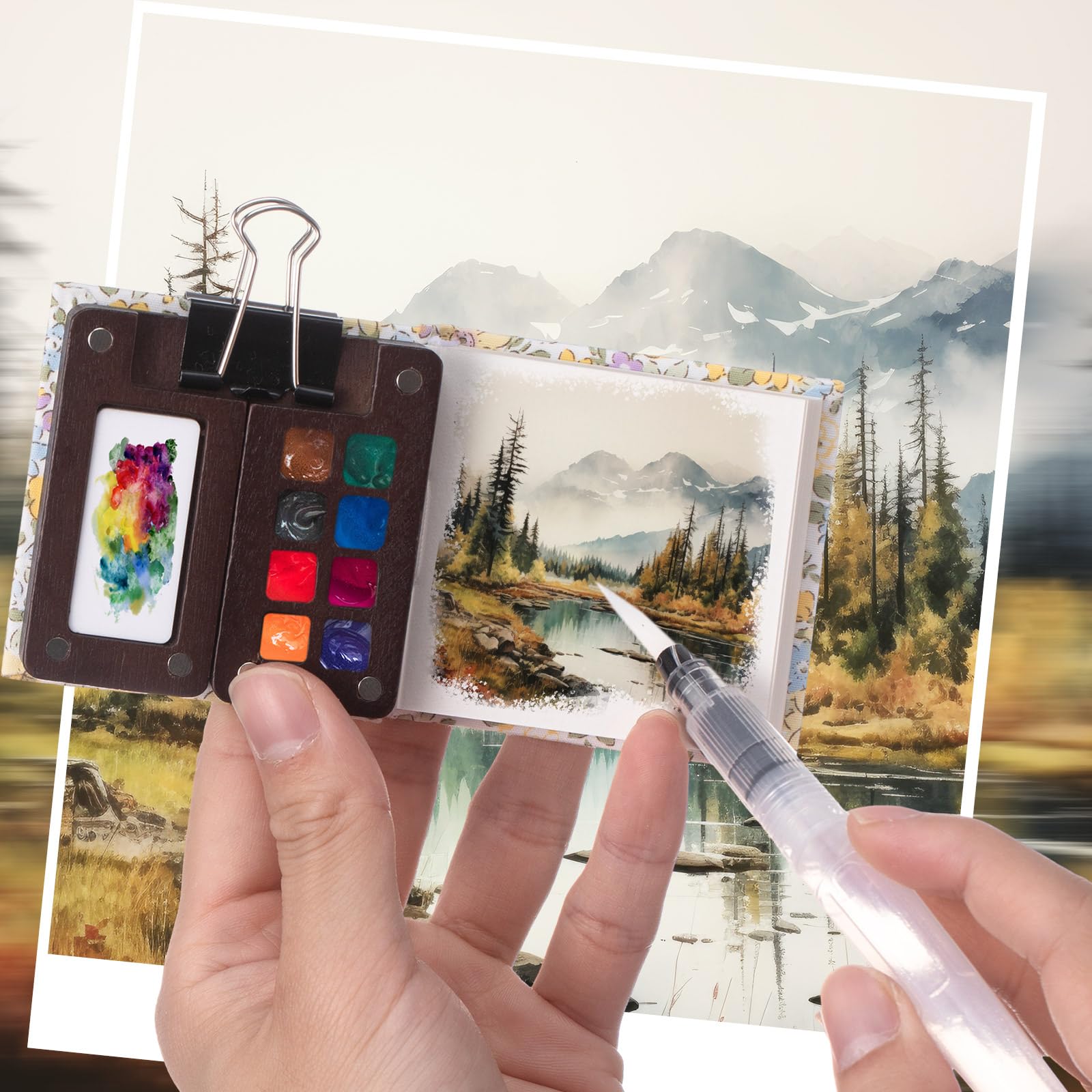 Qilery Juego de mini paleta de acuarela portátil de madera, caja de pintura de papel de acuarela, cuaderno de bocetos, bolígrafos con clip para carpeta, para pintores, artistas, no incluye pintura