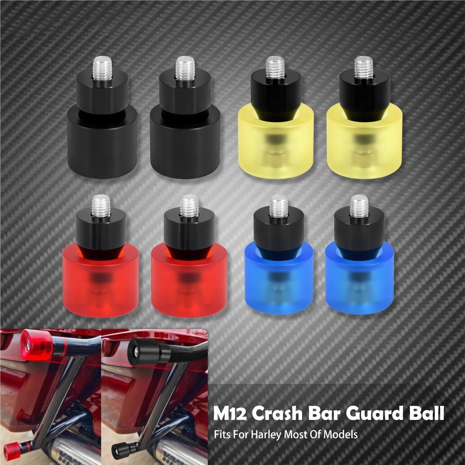 Osłona Wahacza 2 szt. Crash Bar Ball czarny/czerwony/żółty/niebieski M12 Engine Guard Protector pasuje do Harley Touring FLHR Sportster Softail Dyna osłona tylnego wahacza(Black Guard Ball)