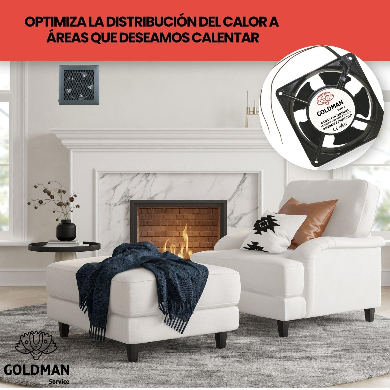 GOLDMAN SERVICE - Ventilador fan axial para cassette de chimeneas insertable alta temperatura de aspas metálicas universal. 120x120x38 mm