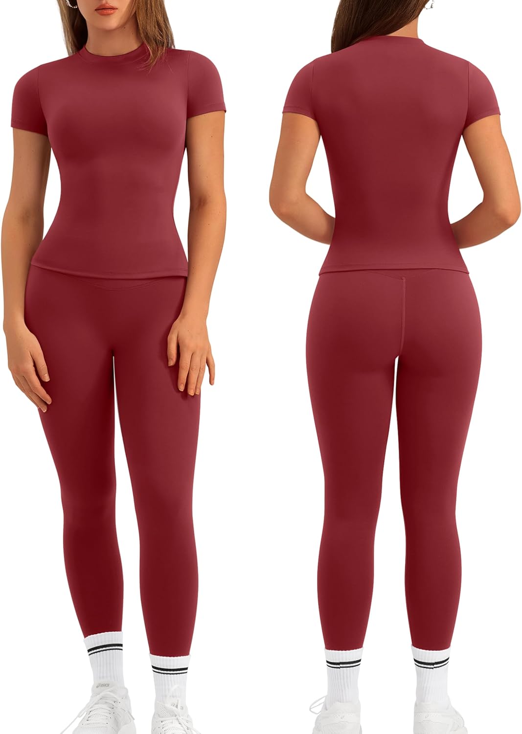 Relety Womens Two Piece Workout Sets Slim Fit Short Sleeve Shirt High Waist Leggings Yoga Outfits Matching Gym Set