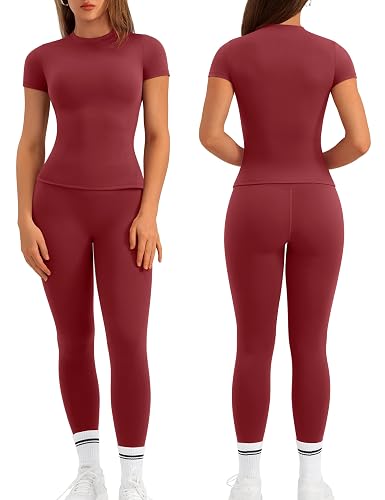Relety Womens 2 Piece Workout Sets Short Sleeve Shirt High Waist Leggings | Yoga Palites Outfits, Matching Gym Set, Slim Fit, Crew Neck Tracksuit, No Front Seam, Loungewear, Stretchy, Lightweight - Red - Medium
