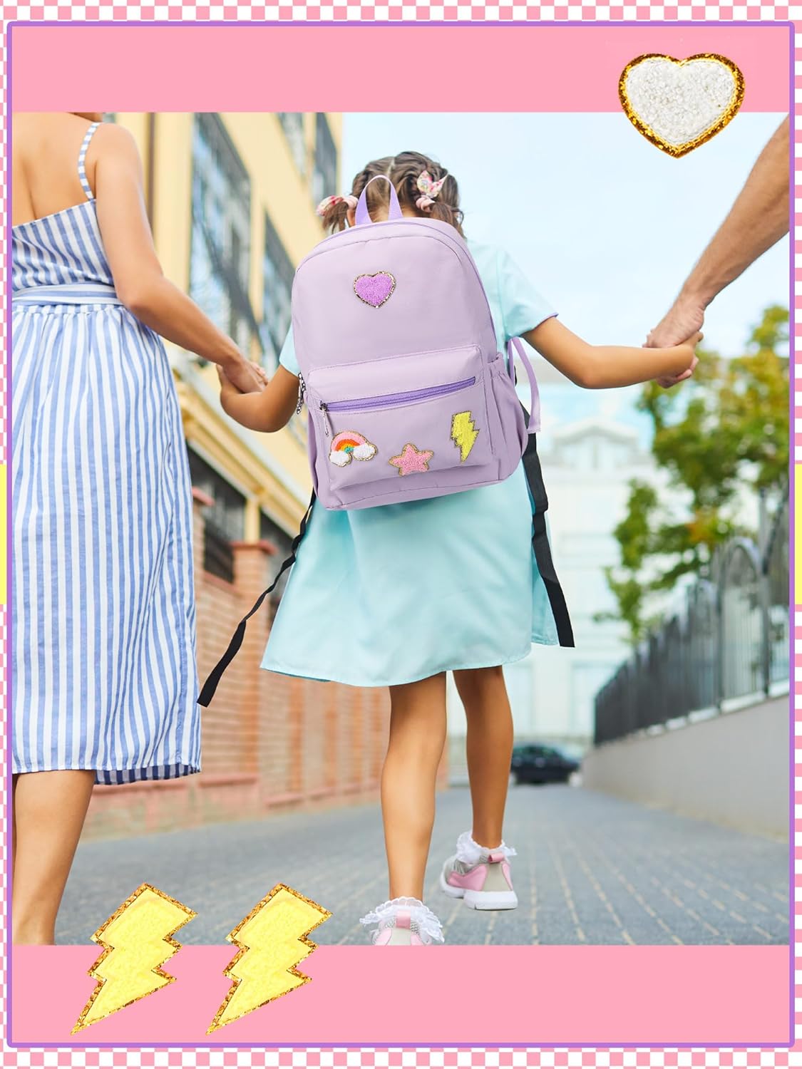Preppy Backpack for Girls Back to School Gift School Book Backpack with Rainbow Chenille Patches(Purple)