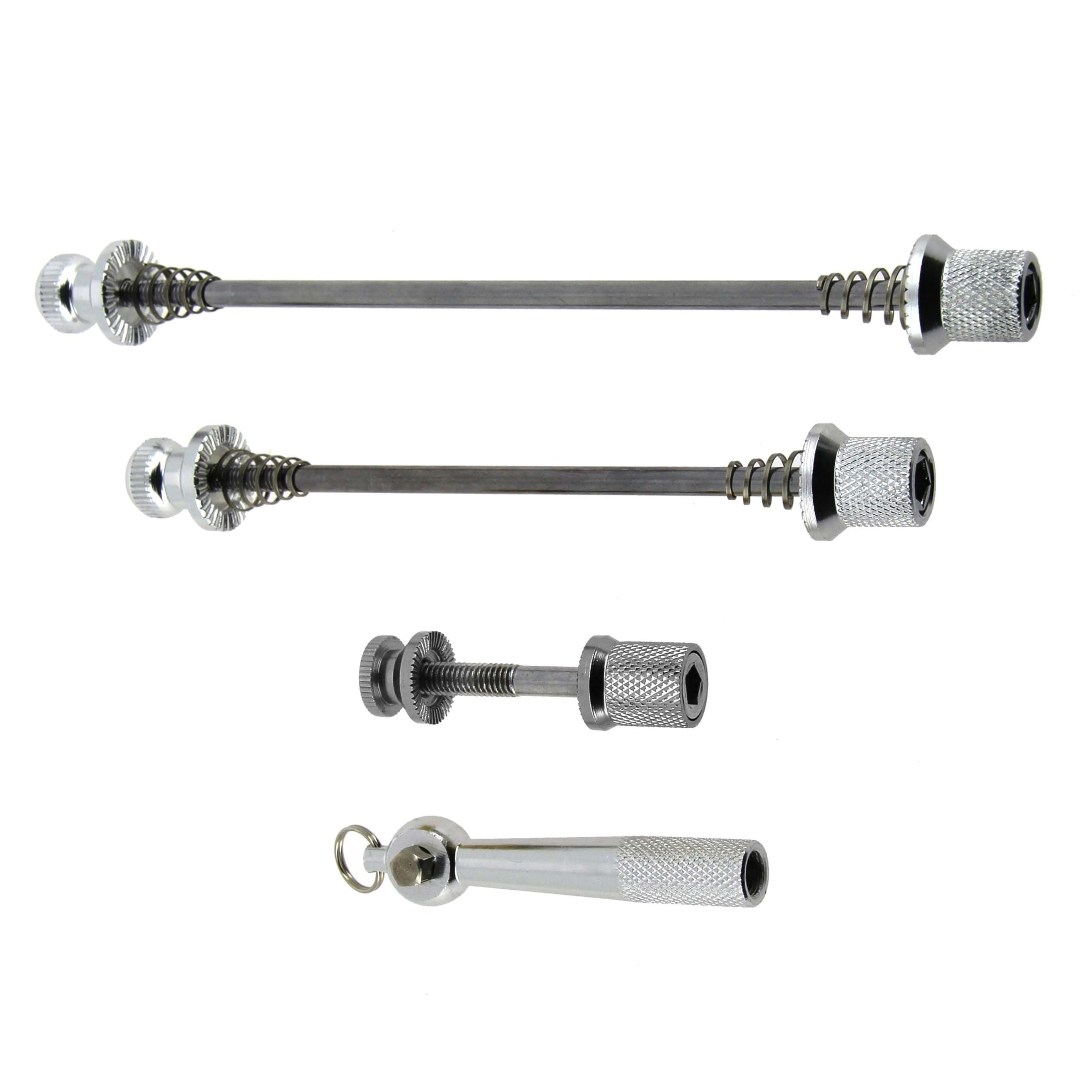 Add-One - Kit Serrages Antivol pour Vélo | Collier de Selle + Blocages Roues Avant/Arrière avec Clé | Axe de 5mm pour Axes Creux 9/10 mm - Longueurs : Avant 140 mm, Arrière 175 mm, Selle 50 mm