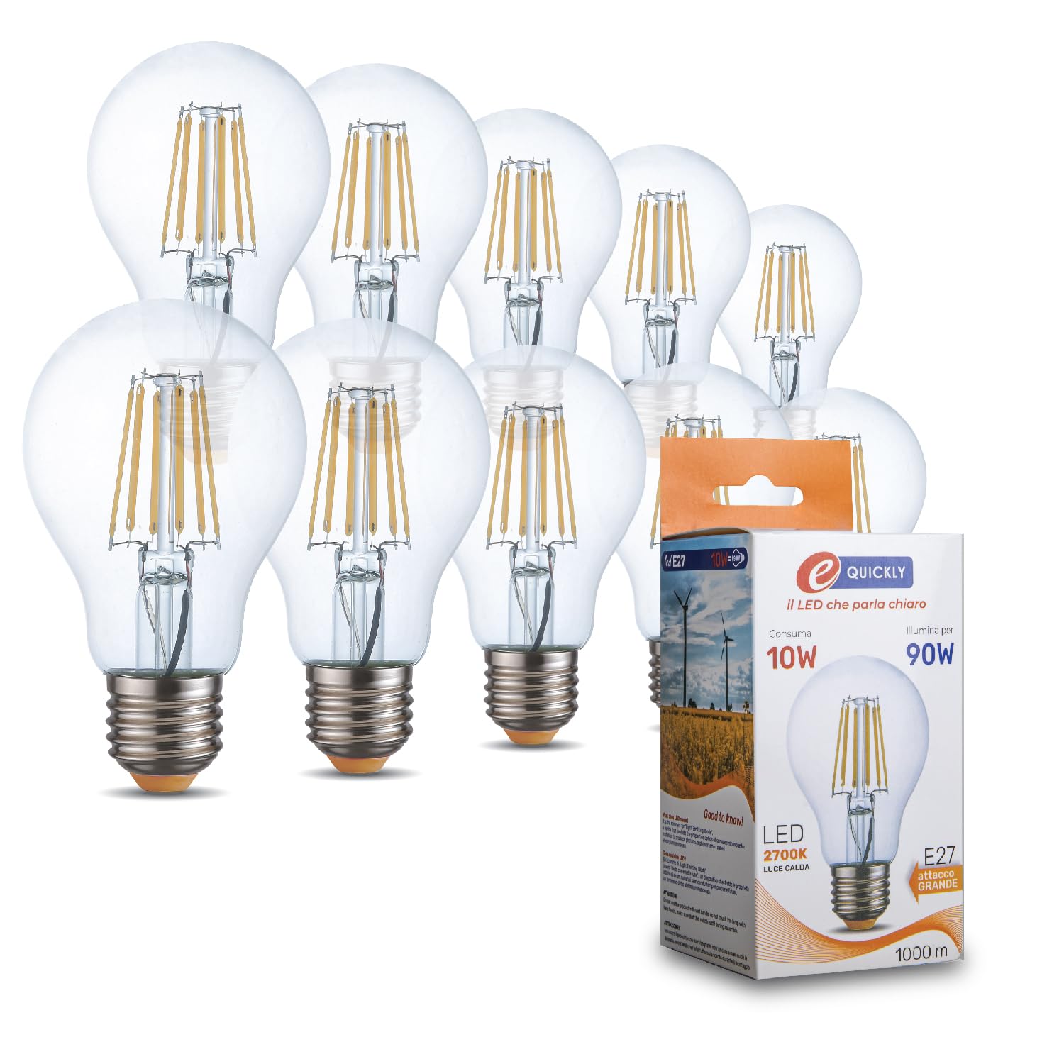 Lampadine Led E27 luce calda - 10W equivalenti 90w, 1000 lumen, Lampadina luce led calda 2700k, Lampada attacco grande, lampadina led e27 vintage, lampadine led filamento e27, 10 PZ
