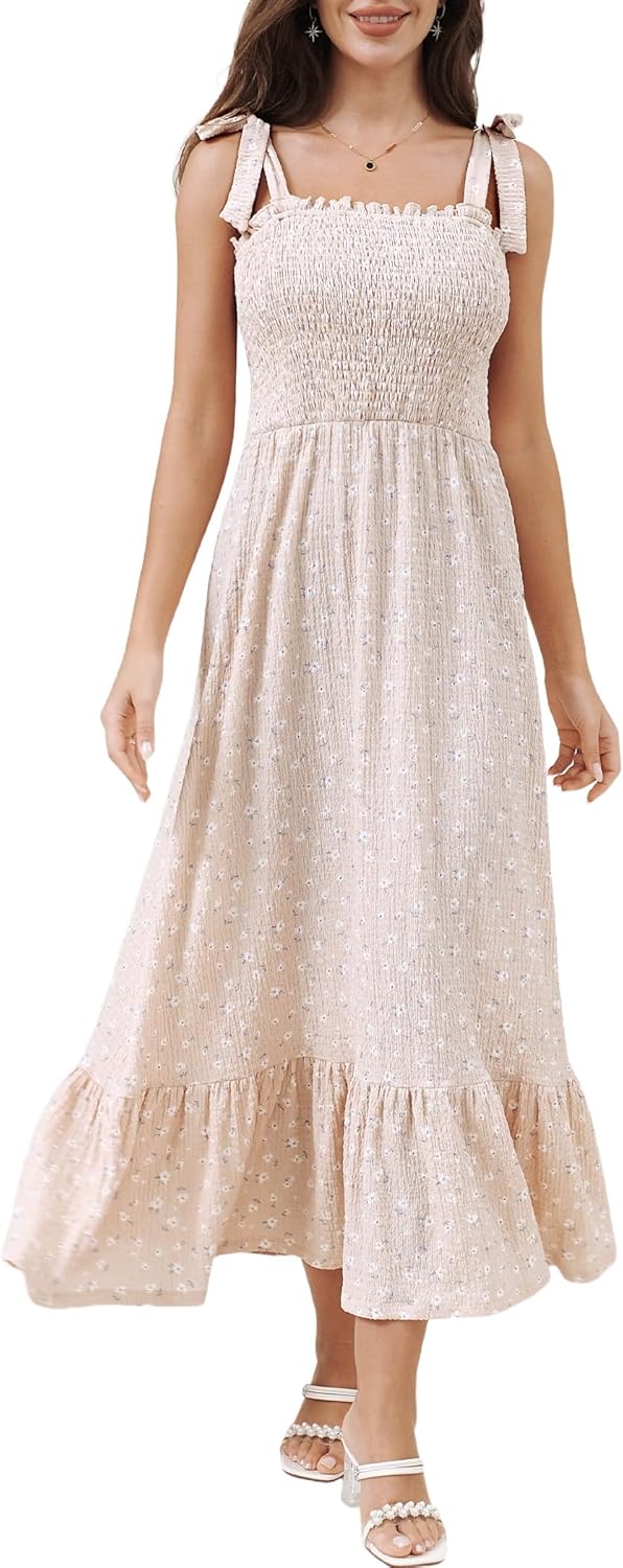 DERAX Womens Floral Boho Maxi Dress Tie Strap Square Neck Smocked Ruffle A Line Beach 2026 Summer Long Dresses