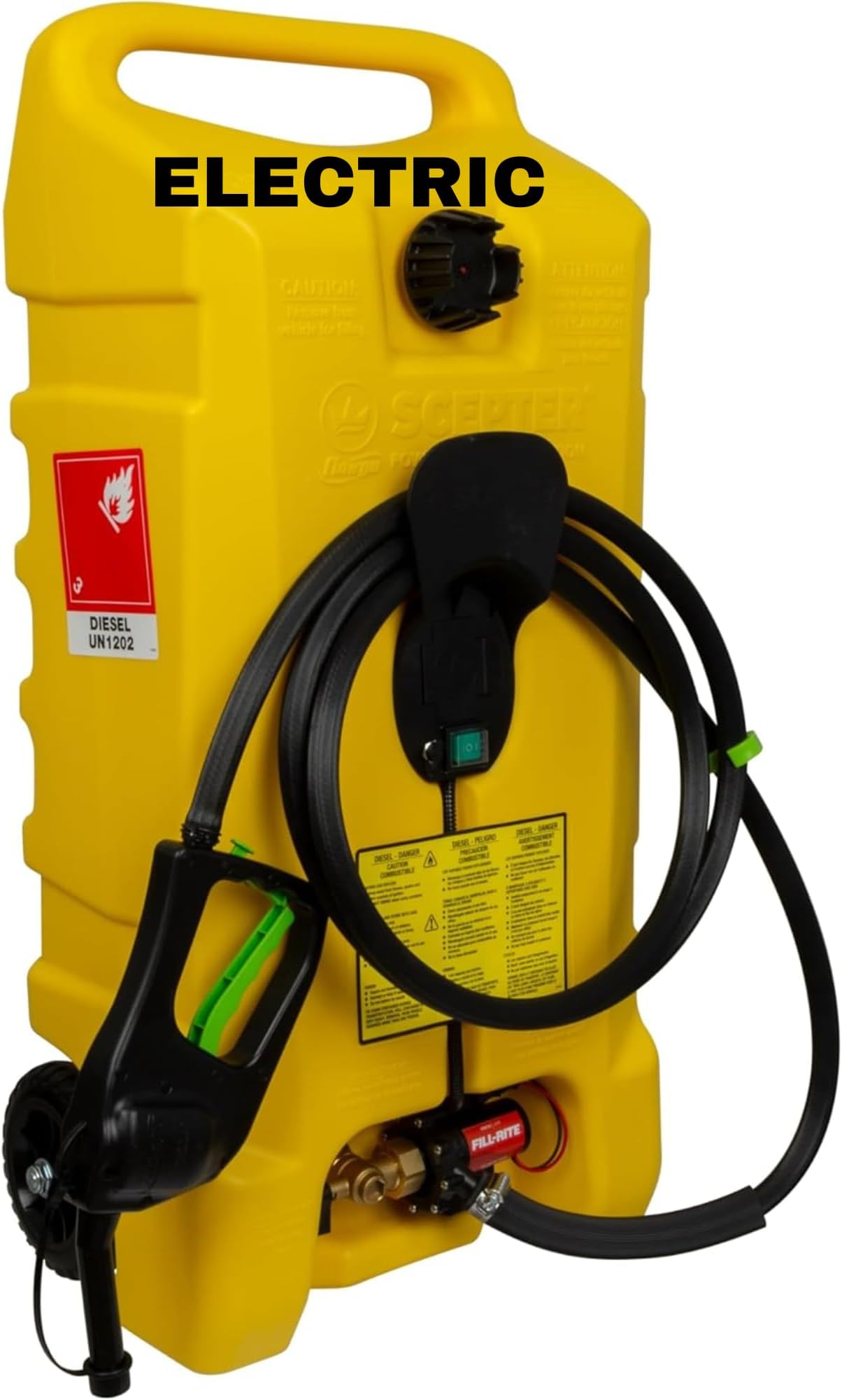 Scepter 14 Gallon Gas Caddy with Electric Fuel Pump, Flo ‘N Go Powered Portable Fuel Tank with Fill-Rite Transfer Pump and 10-Foot Hose for Farm, Marine, Commercial, and Home Use, Yellow