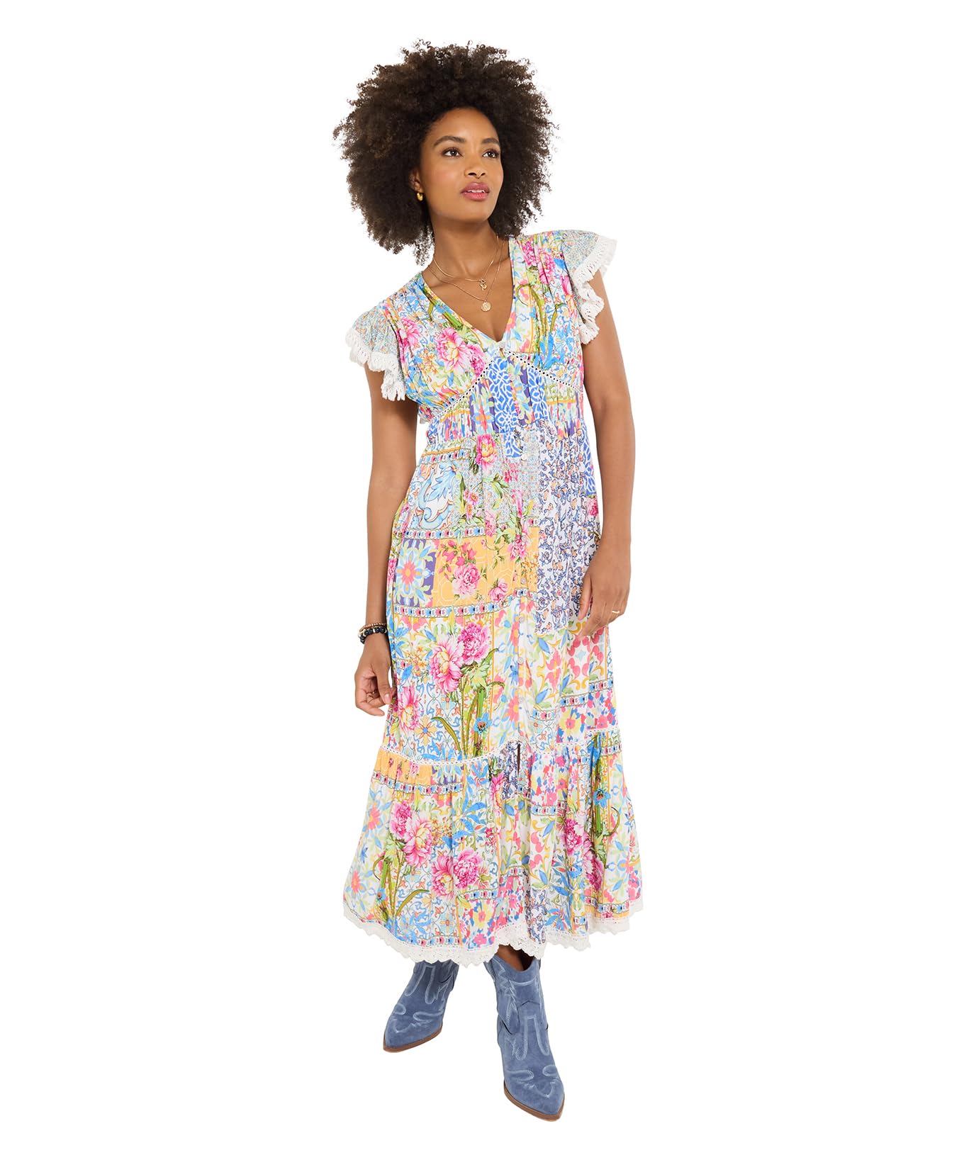 Joe Browns Women's Bold Patchwork Floaty Sleeve Maxi Dress, Slim, Multi, UK 12