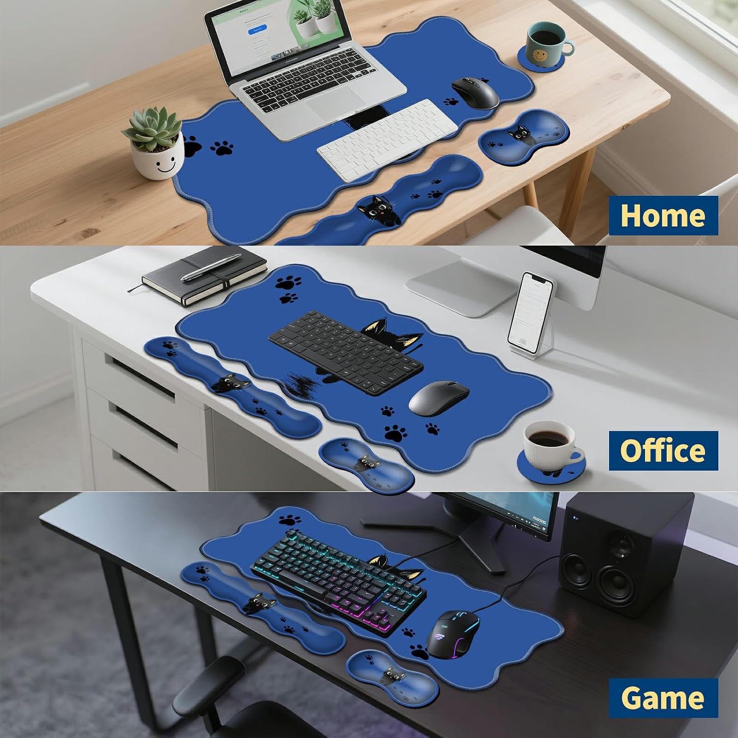 4-in-1 XXL Gaming Mouse Pad Set (31.5"x11.8") with Keyboard Wrist Rest,Mouse Wrist Support & Coaster,Non-Slip Desk Mat for Office、Home、Gaming,Cute Black Cat