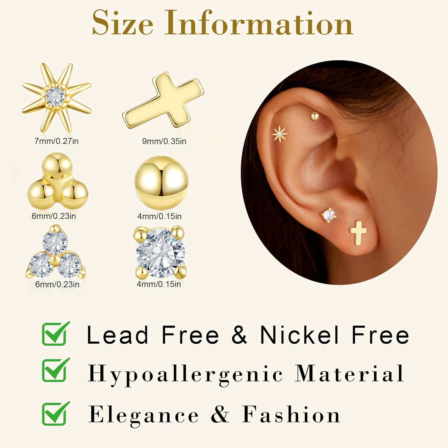 Hypoallergenic Small Gold Stud Earring Sets for Multiple Piercing Flat Back Stainless Steel Earrings Stack for Cartilage Piercing jewelry - Image 5