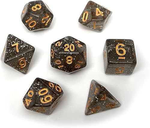 Miniatura 2 de Juego de dados poliédricos Glitter and Sparkle  Juego de 7 piezas con un D20, D12, D10, D8, D6, D4 y D00 (Midnight Sparkle con fuente dorada)