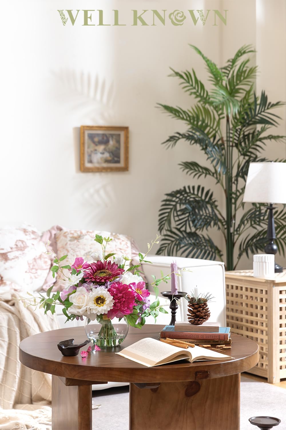 Artificial Flowers Centerpieces in Glass Vase with Fake Water, Silk White Rose Sunflowers Peony Bouquet with Vase for Birthday Party Wedding Dinning Table Office Hotel Decor (Fuchsia Mixed Plus) - Image 4