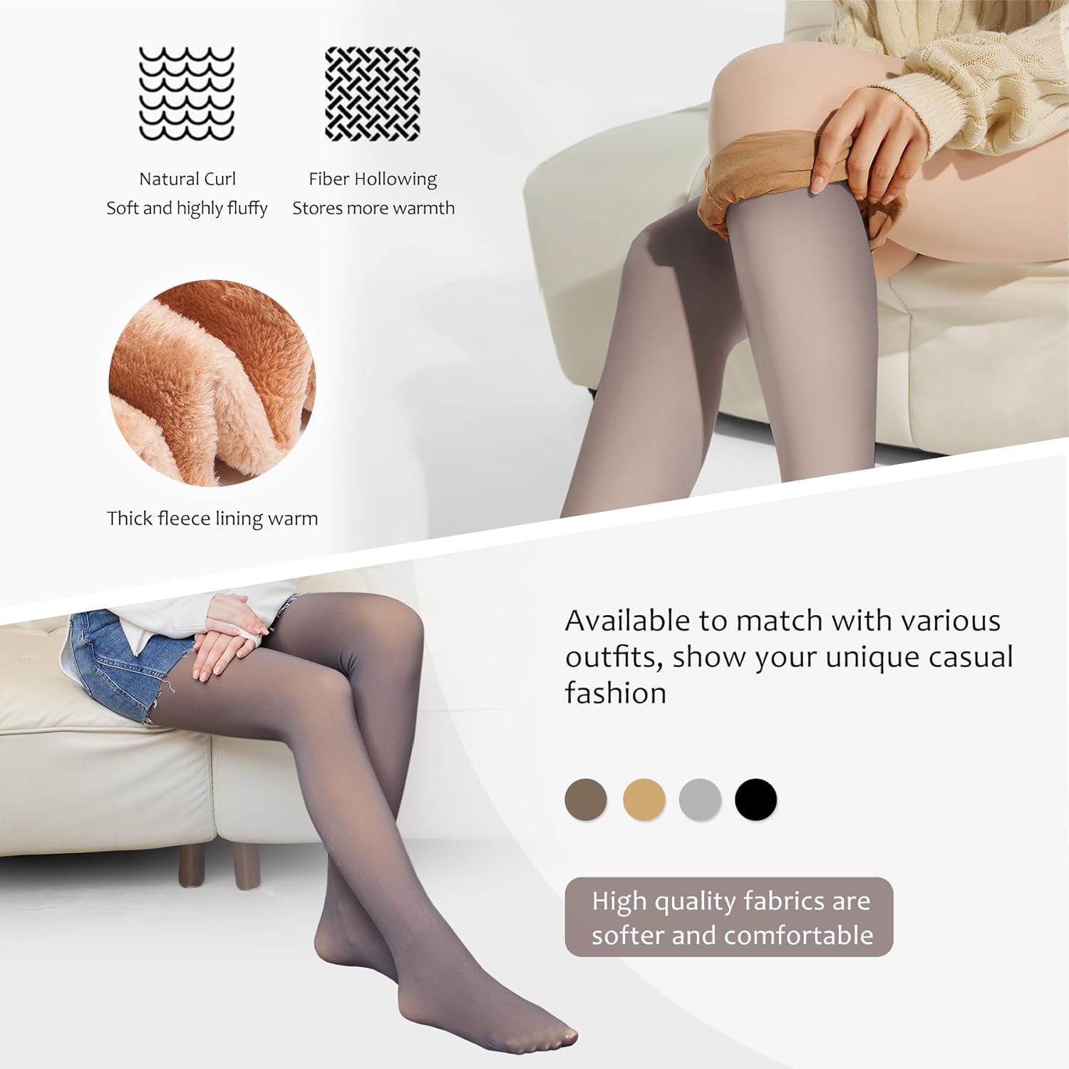 EXQUISLIFE Fleece Lined Tights Sheer Women - Fake Translucent Warm Pantyhose Leggings Sheer Thick Tights, for Winter - Image 2