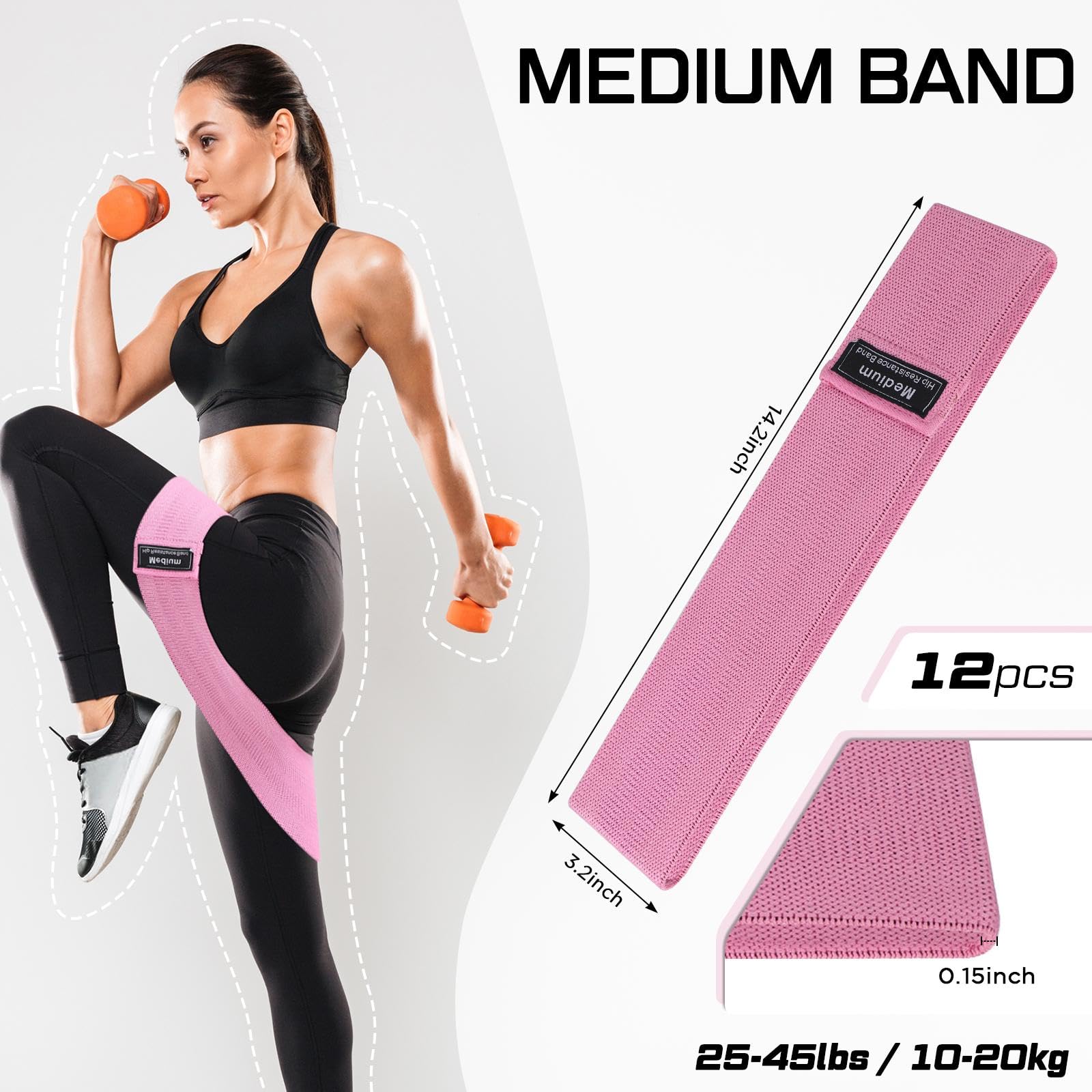 12 fasce di resistenza in tessuto per allenarsi con bottino, elastiche, antiscivolo, per gambe, squat, resistenza, per donne, uomini, seduta, coscia, fitness, casa, palestra, rosa, 12 pezzi